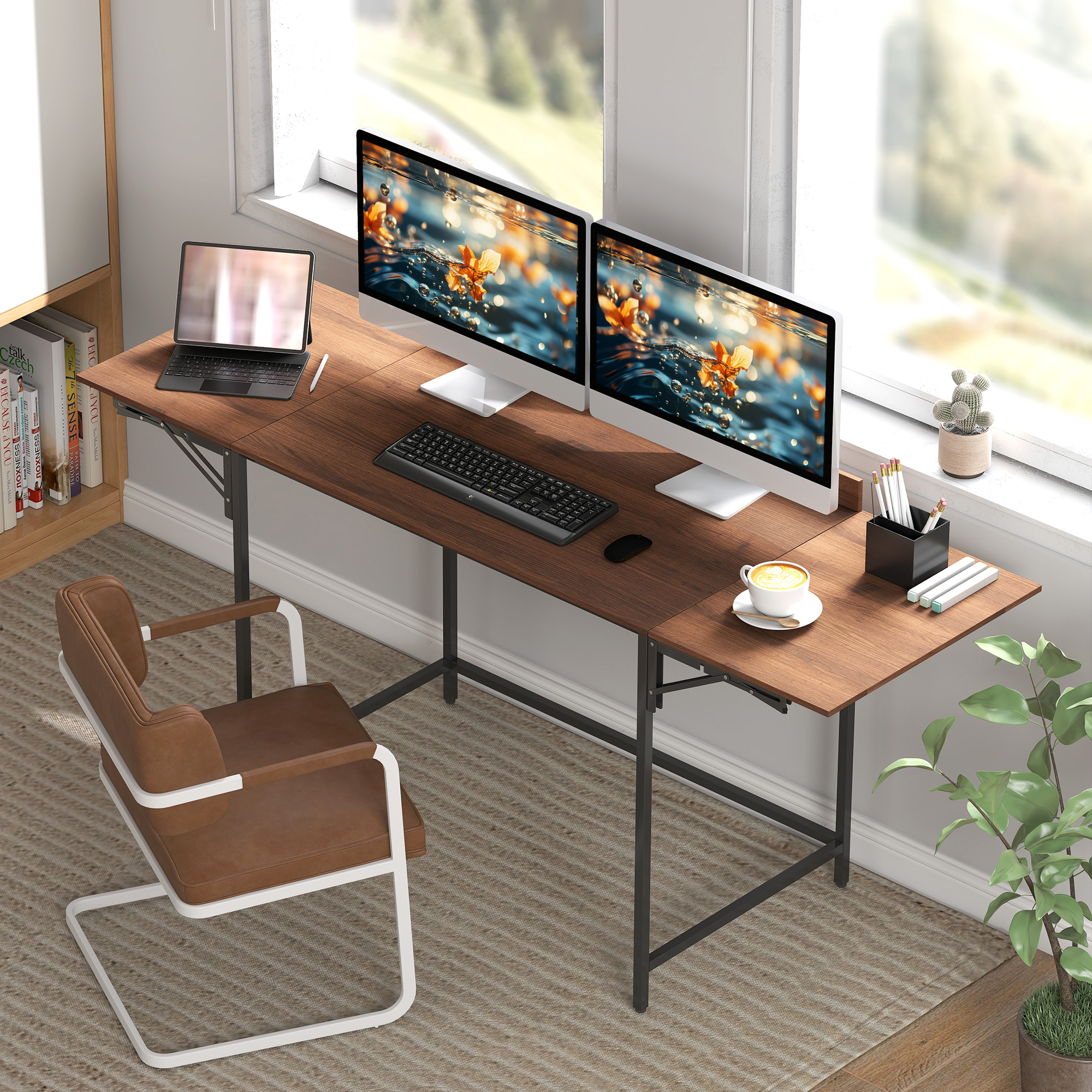 HOMCOM Klappbarer Schreibtisch Computer Tisch 2 klappbare Klappen für 2 Bildschirme, für Schlafzimmer, kleine Räume, 170 x 58 x 78 cm Nussbaum