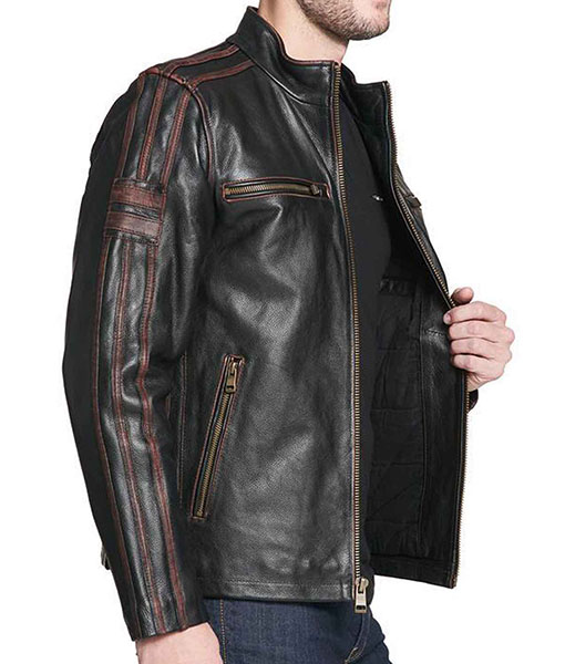 Men’s Striped Design Black Rivet Leather Cycle Jacket