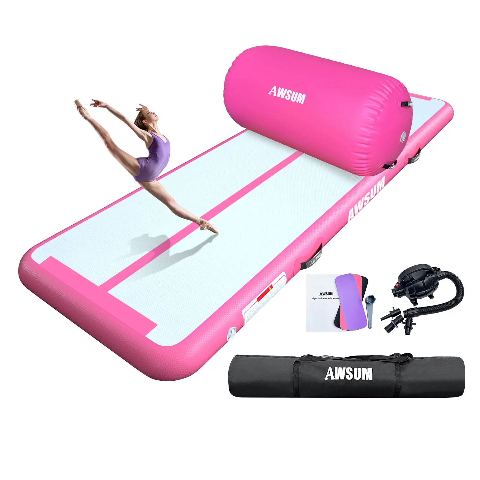 2025 Opblaasbare Gymnastiekmat AWSUM ?C 10, 13 of 16 voet lang, 4 inch dik, tumblingbaan met opblaasbare roller en elektrische pomp voor thuis of fitnessstudio