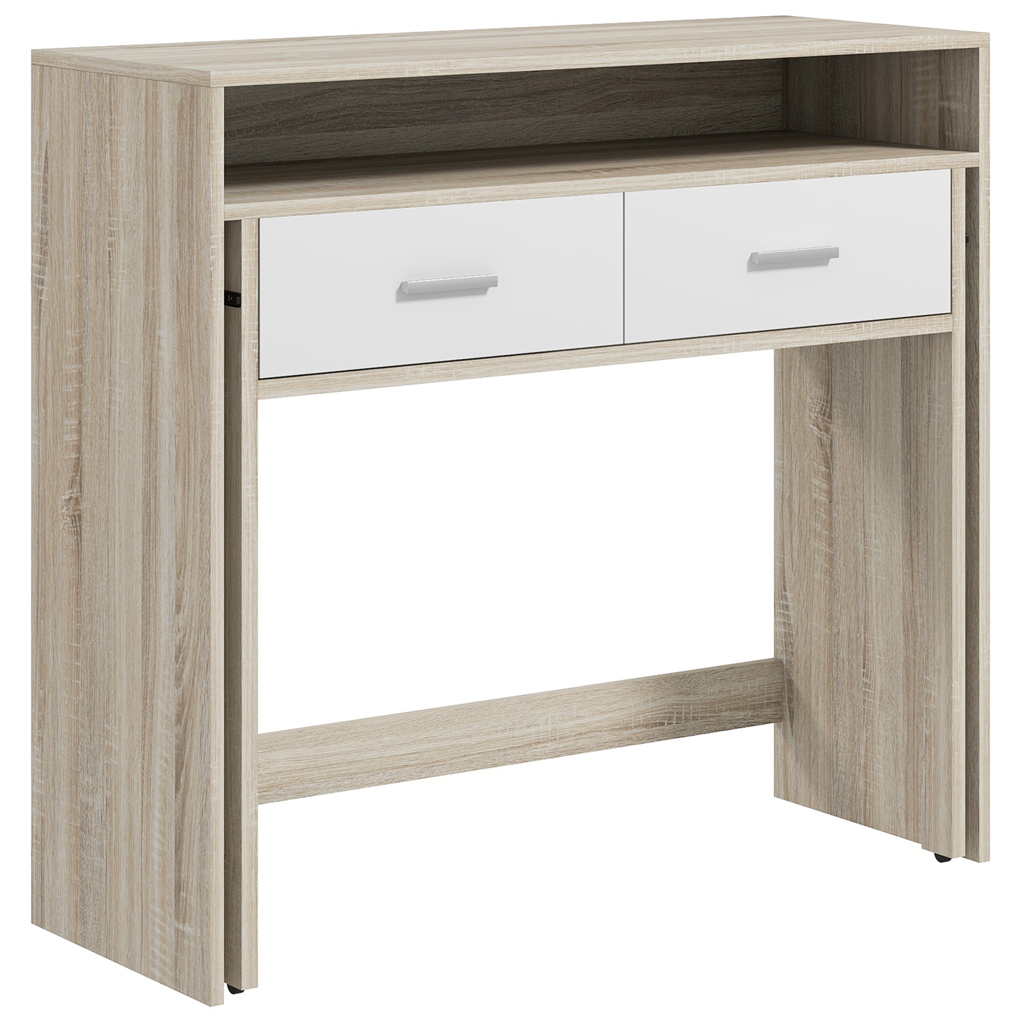 HOMCOM Konsolentisch mit ausziehbarem Plateau und 2 Schubladen, Flurtisch mit Aufbewahrung, 95l x 35B x 87H cm, Eichenoptik