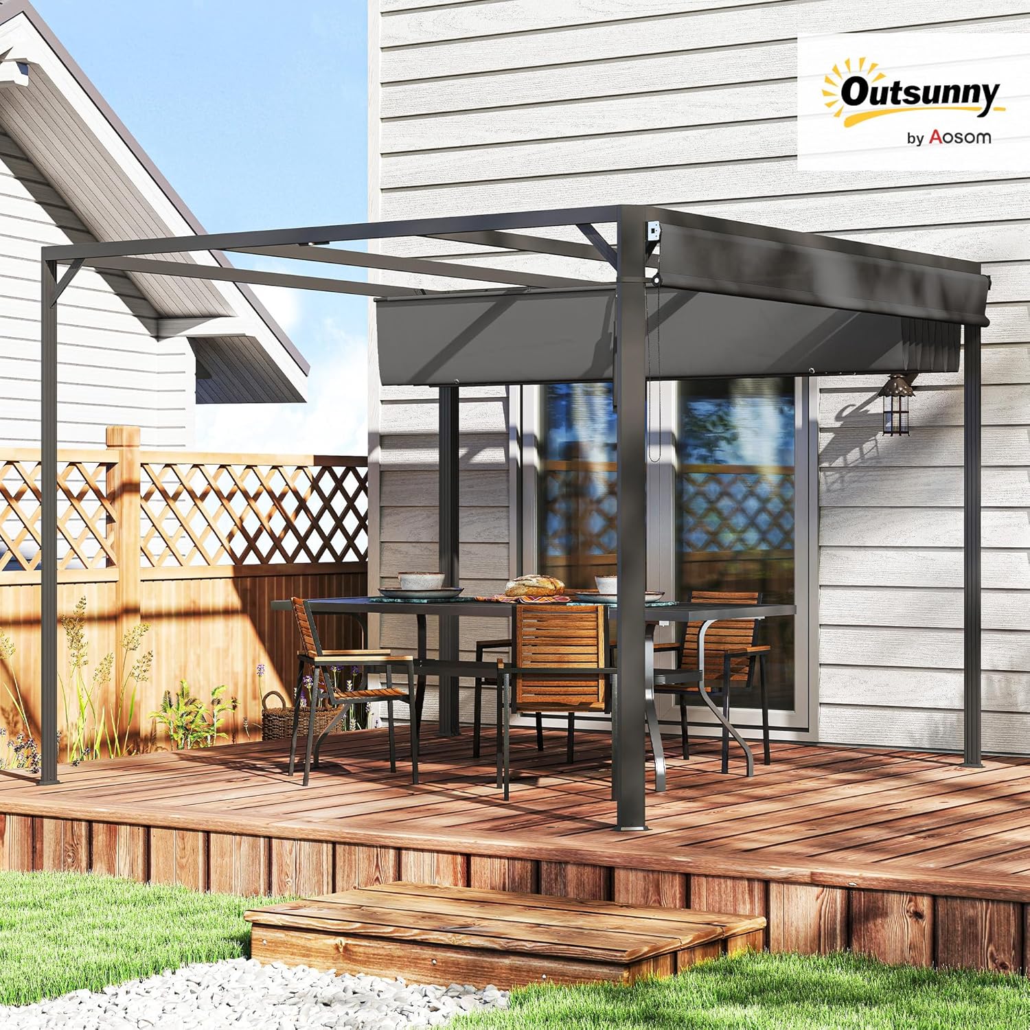 Outsunny Pergola Gazebo 3 x 3 m with Protective Roller Blind, Drainage Holes, Pegs and Screws, Polyester and Aluminium Garden Pergola for Patio, Terrace, Outdoor, Dark Grey