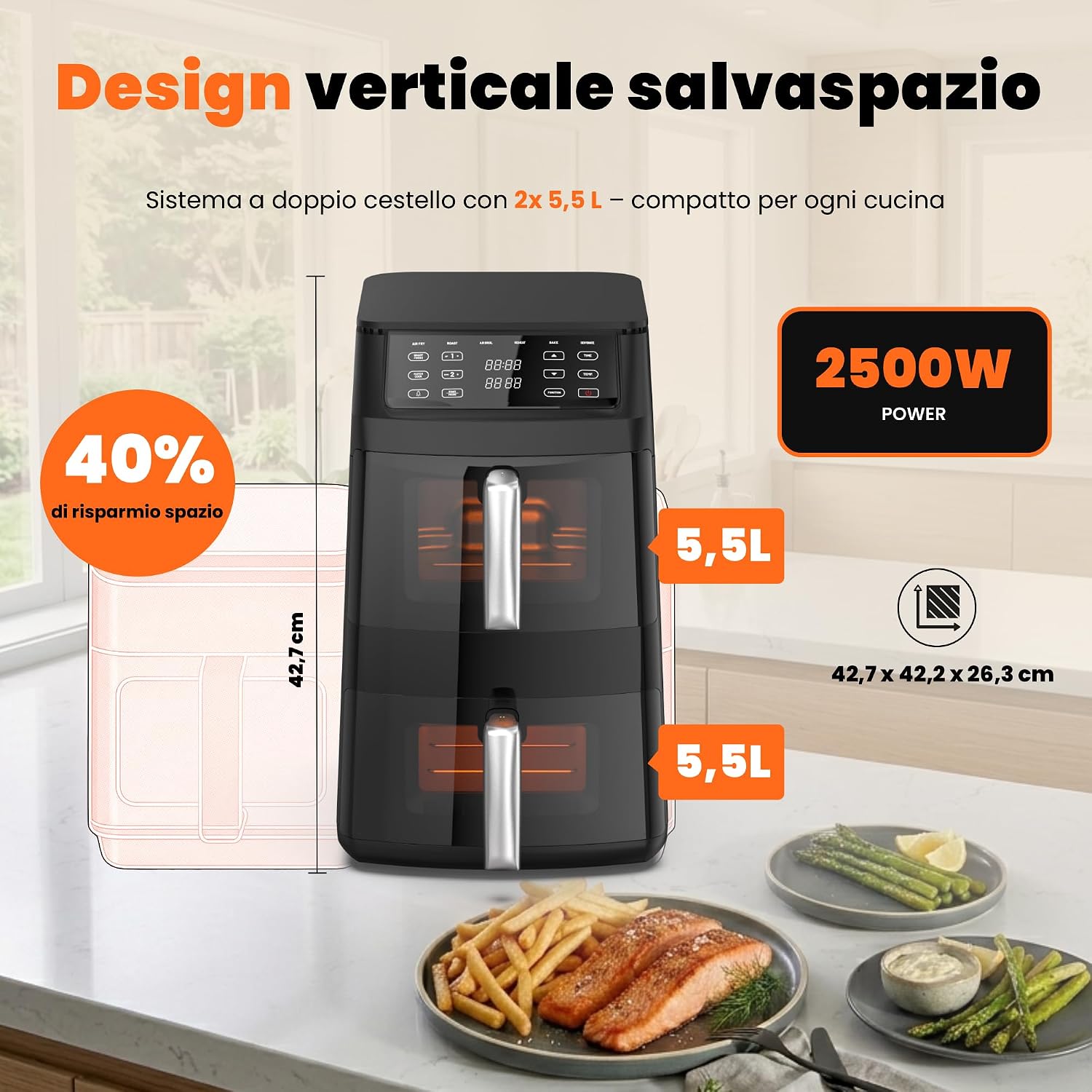 Friggitrice ad Aria Doppia XXL 11L con 2 Camere Verticali, Smart Finish & Sync, Luce Interna, Oblò in Vetro, 6 Programmi Automatici, Funzione Grill, Touchscreen.
