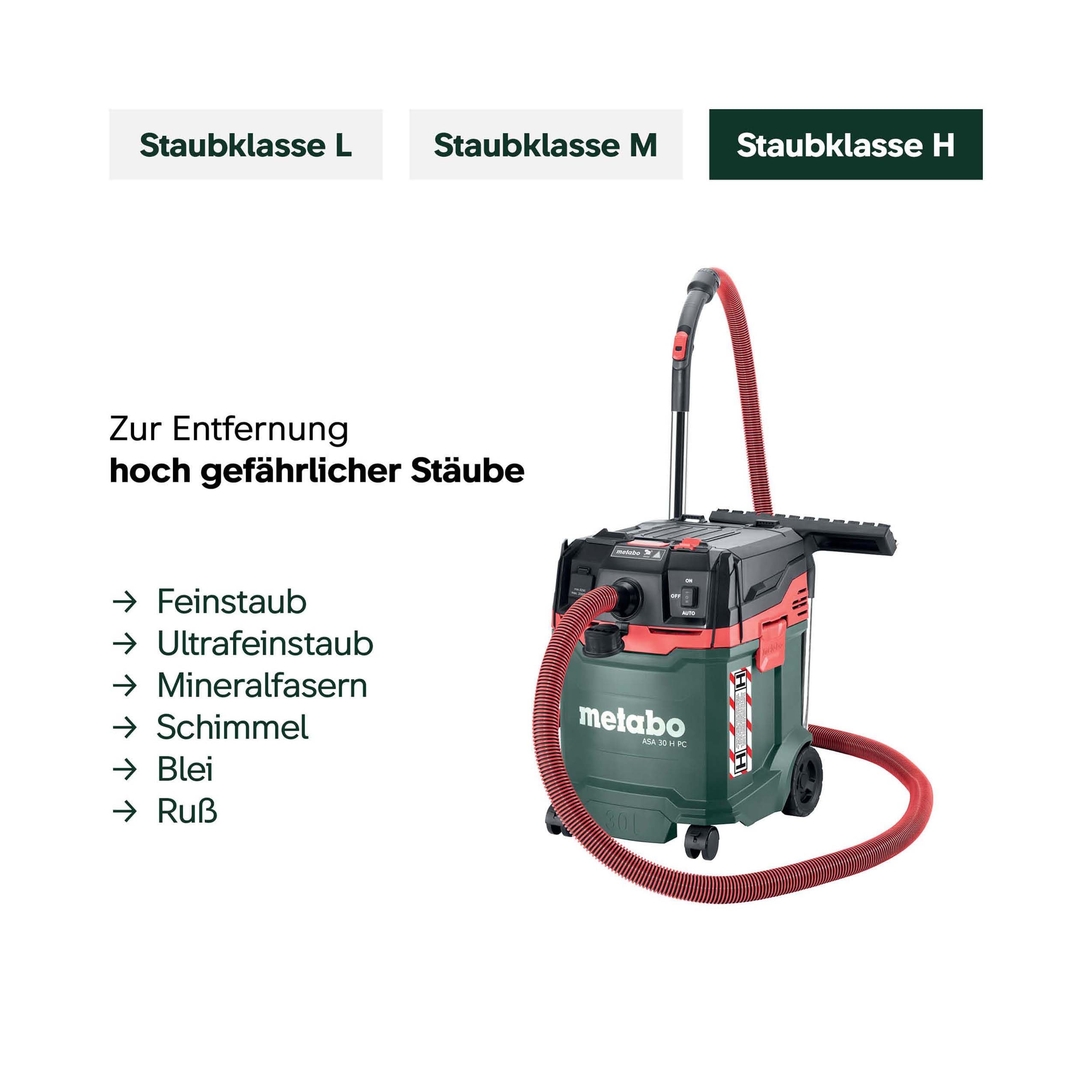 Nass-Trockensauger Staubklasse H ASA 30 H PC mit 1200 W, 8 m Kabel und Antistatik-Saugschlauch Quick