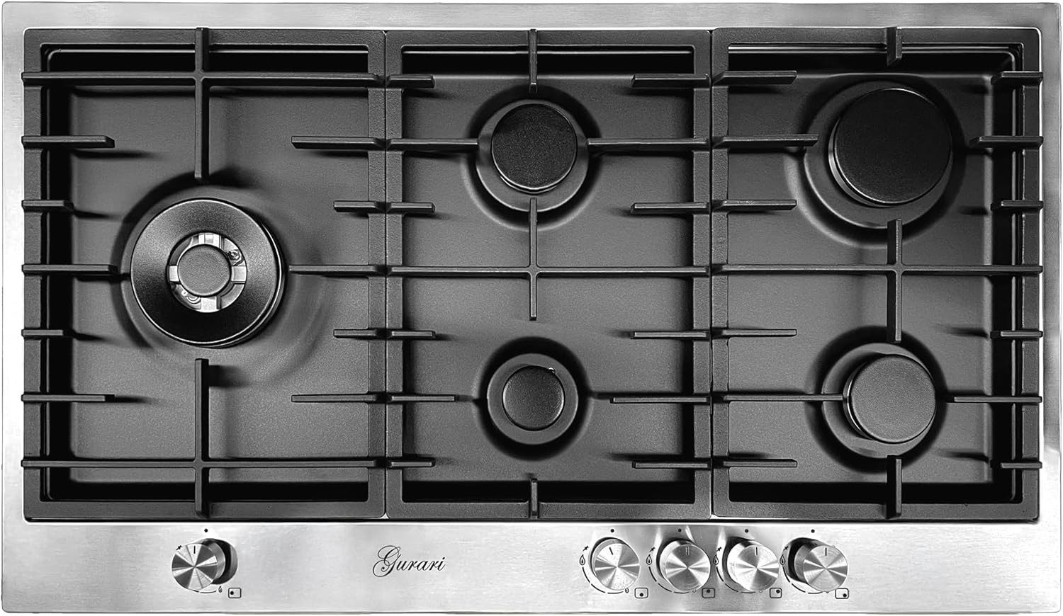 Gas-Kochfeld TY905VPGC 90 cm, Edelstahl- Schwarz Emaliert, 4,0 kW WOK, 5 Gasbrenner,Erdgas, FL.Gas