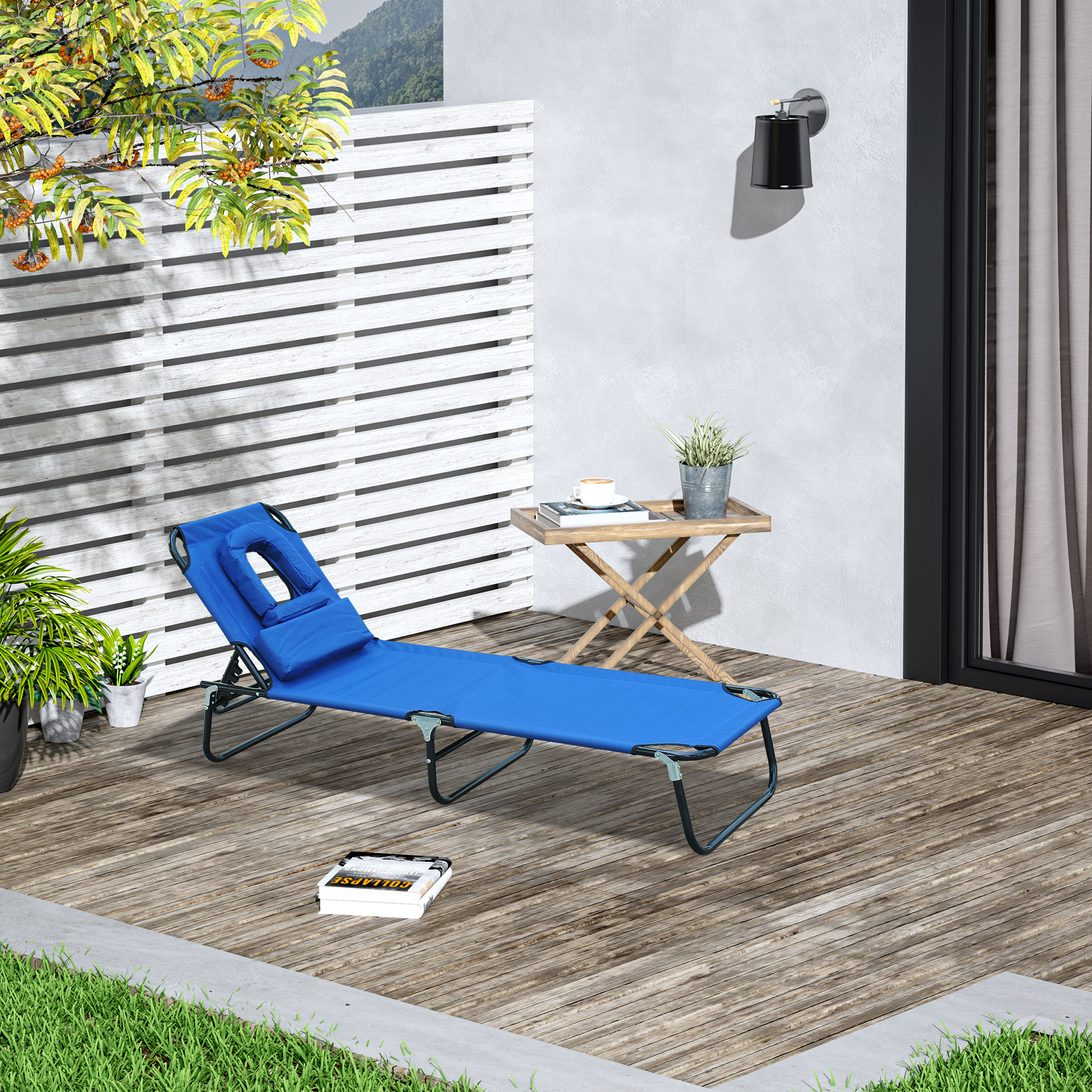 Outsunny Sonnenliege klappbar Gartenliege mit Kopfkissen Liegestuhl mit 4-Fach verstellbare Rückenlehne Campingliege mit Lesefenster Gartenstuhl bis 120kg belastbar für Garten, Balkon geeignet Blau
