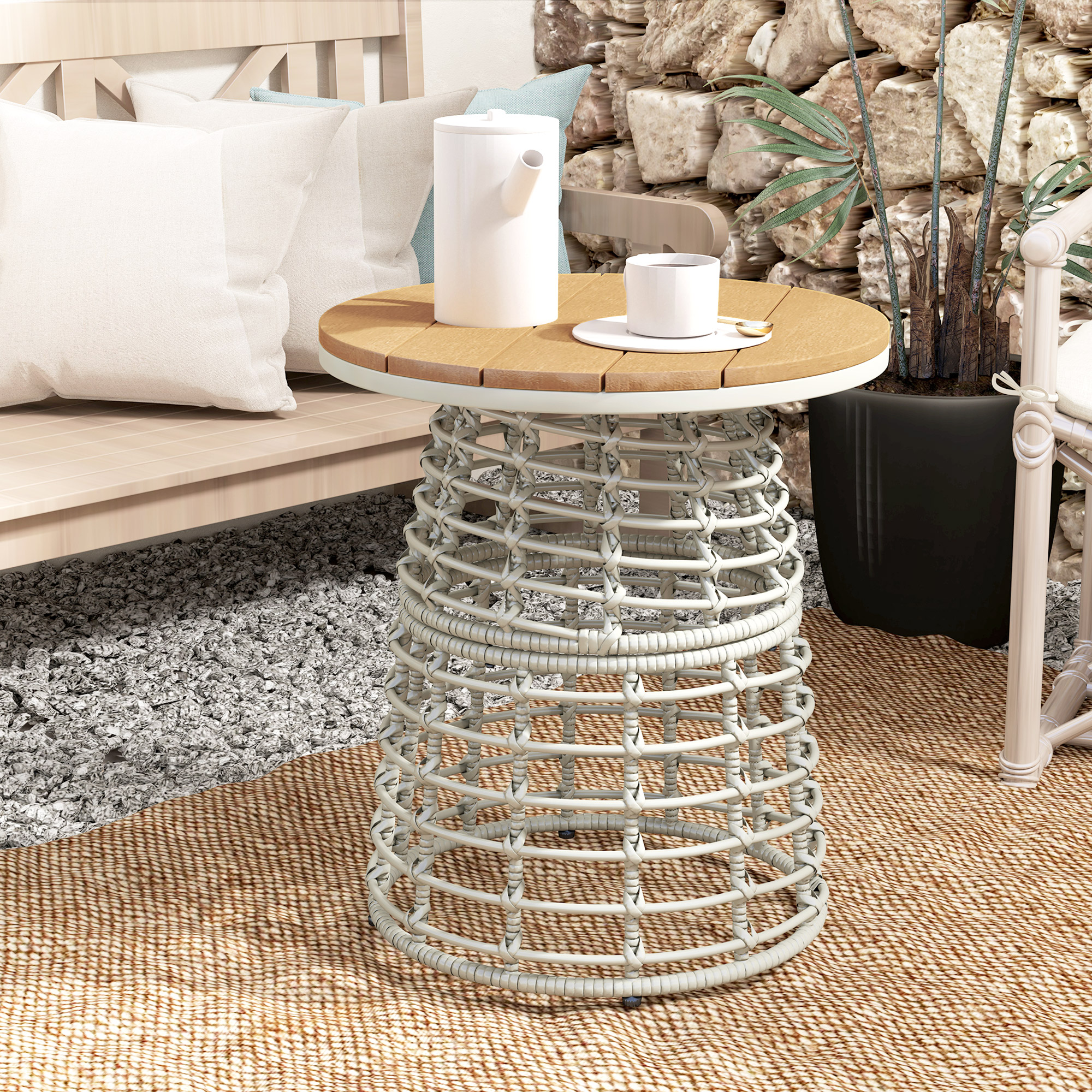 Outsunny Gartencouchtisch Outdoor-Rundcouchtisch in Rattanoptik mit Stahlbasis und Verbundplatte Ø45 x 50 cm Grau