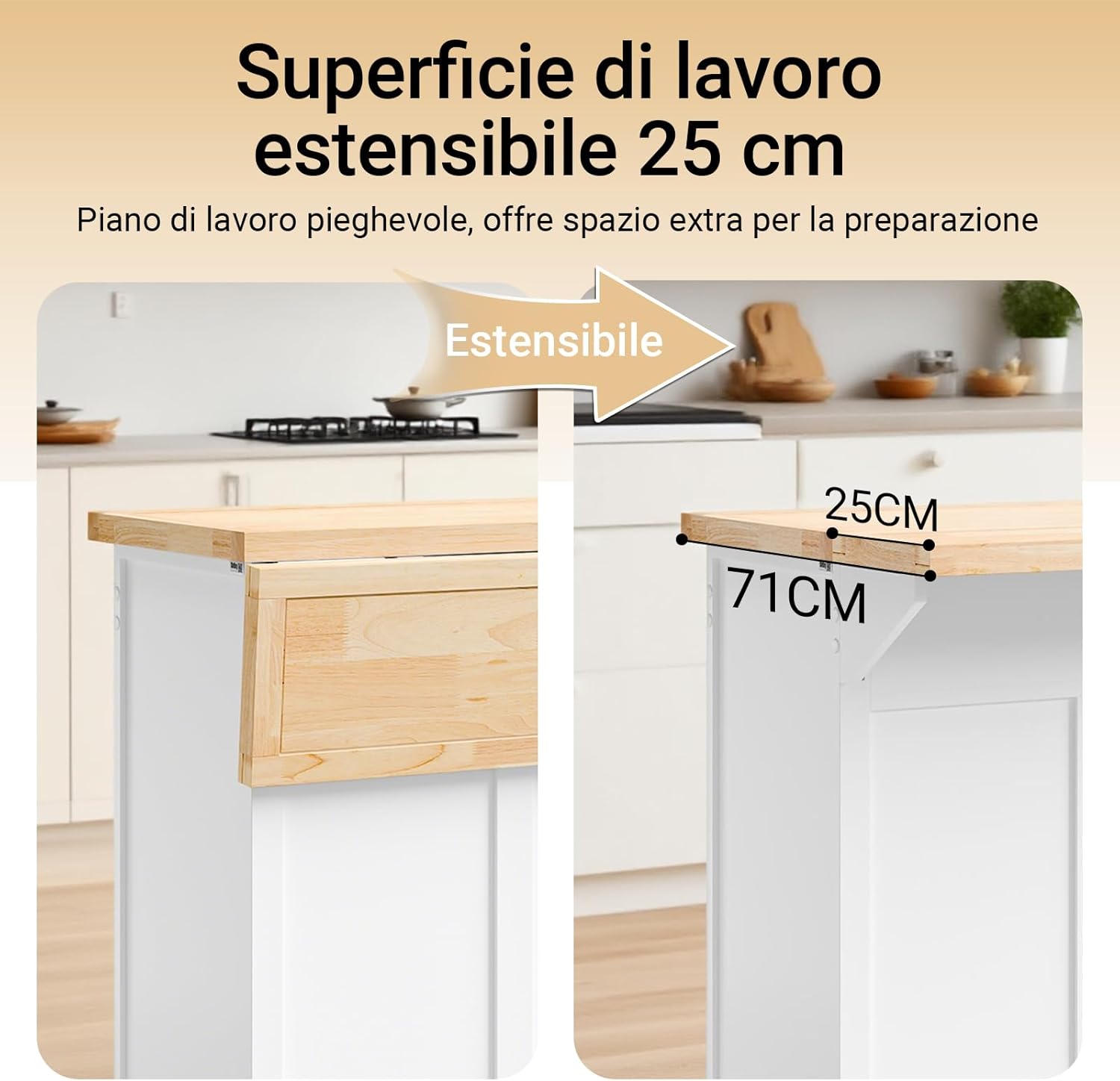 SoBuy Carrello Cucina con Ruote, Isola Cucina con Piano di Lavoro Estensibile, 2 Cassetti e Ripiani Regolabili Mobile Salvaspazio per Mobili da Cucina, Bianco 115 x (46-71) x 92 cm FKW71-II-WN
