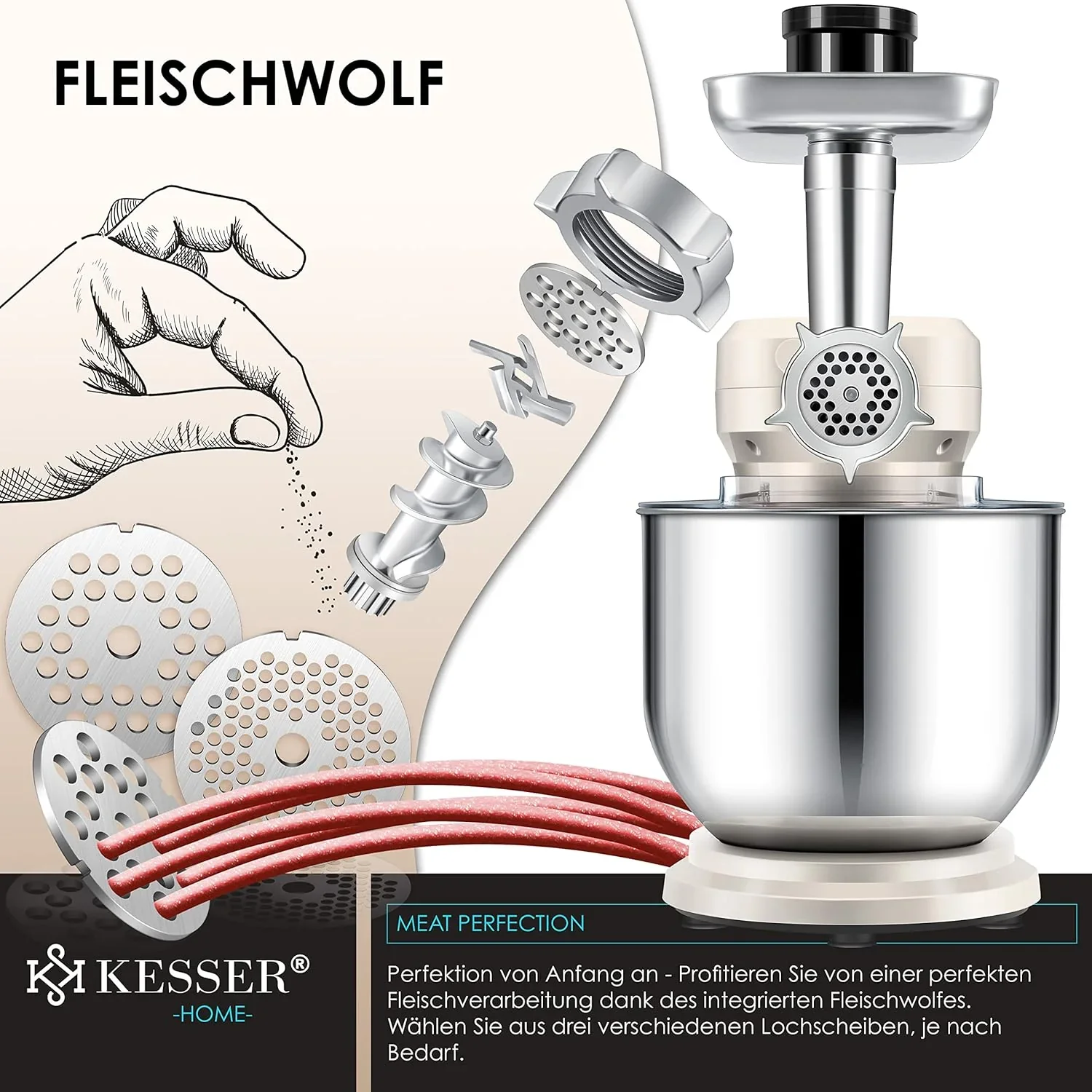 KESSER? 3 in 1 Universal K��chenmaschine K-KM 3000 mit Fleischwolf Knetmaschine Multifunktionale R��hrmaschine 5,5L Sch��ssel mit 3 R��hrwerkzeuge, 1,5L Entsafter, Zubeh?r-Set, Pasta & Geb?ckformen