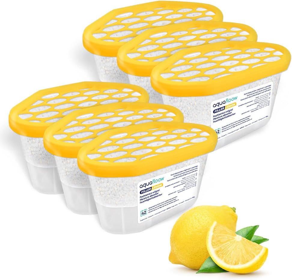 Aquafloow Assorbitore di Umidità per Ambienti 400 ml, Riduce l'umidità, 6 Pezzi LEMON | Neutralizzatore di Odori, Deumidificatore per Cucina, Armadio, Bagno e Studio
