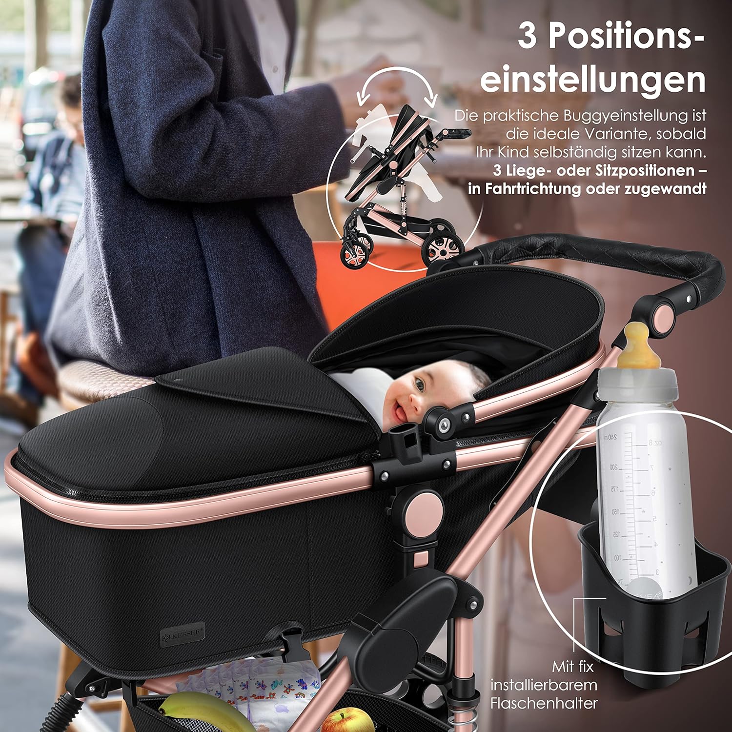 KESSER® Loops 3 in 1 Kinderwagen Kombikinderwagen Komplett-Set inkl. Babywanne & Buggy Sportsitz & Auto-Babyschale Voll-Gummireifen Wickeltasche Regenschutz Kindertisch ECE R129, Schwarz/Schwarz