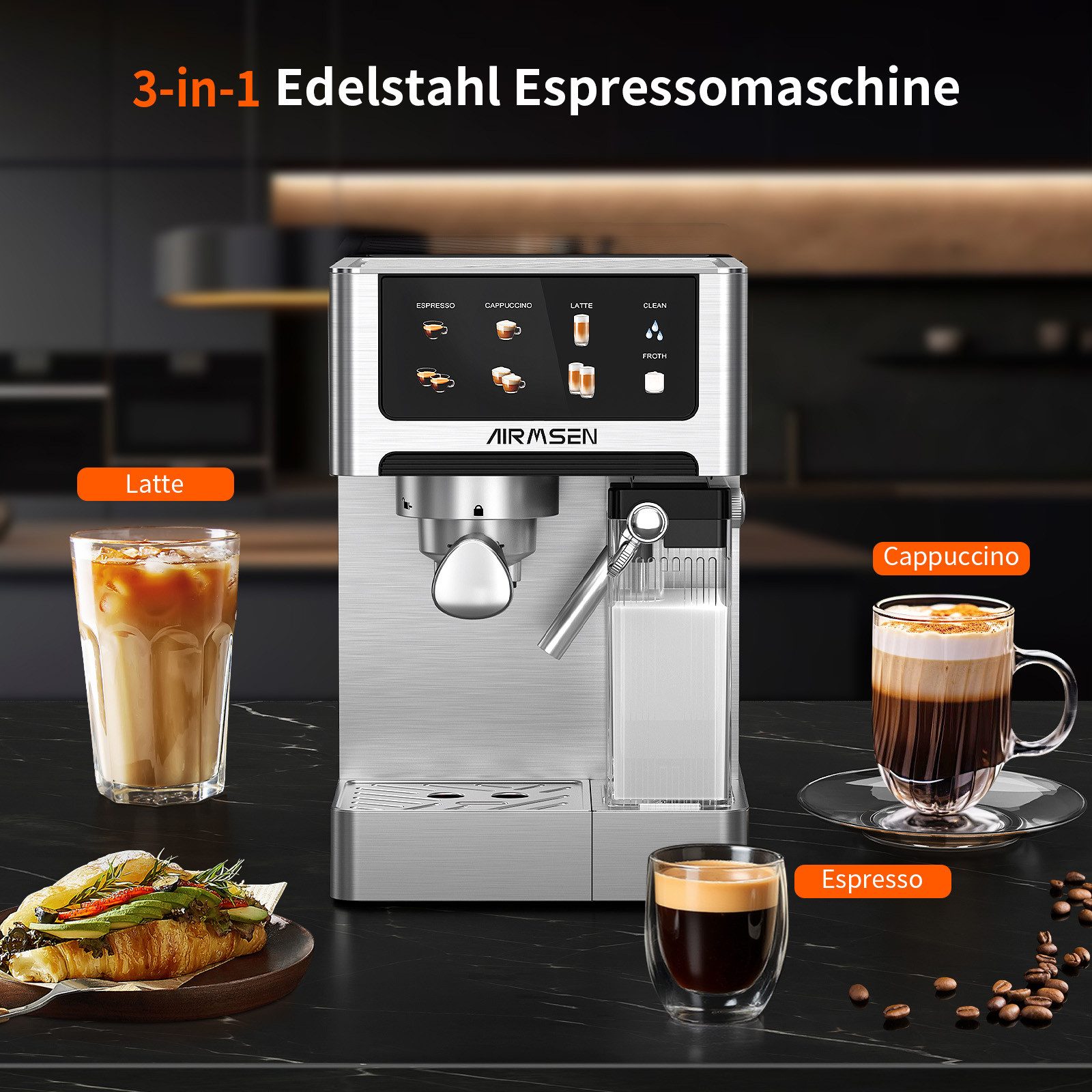 Espressomaschine 20 Bar mit automatischem Milchaufschäumer für Zuhause,1.8L Wassertank