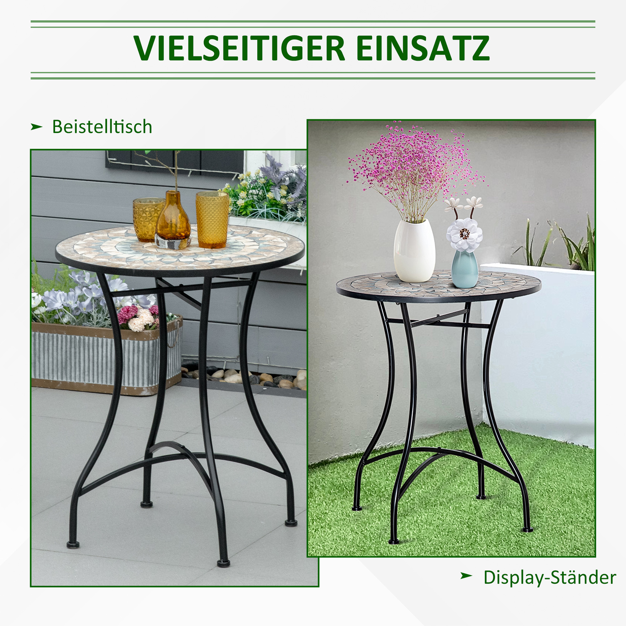 Stijlvolle   Ronde Tuintafel met Keramisch Moza?ekblad in Groen, Beige en Wit - ?60 cm