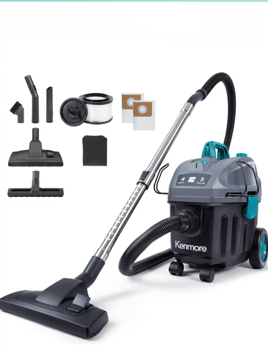 Kenmore KW3050 Wet Dry Canister Vac 4 Gallon 5 Peak HP 2 Stage Motor Shop Vacuum Cleaner with Washable HEPA Filter & Dust Bags for Hard Floor & Carpet, Black