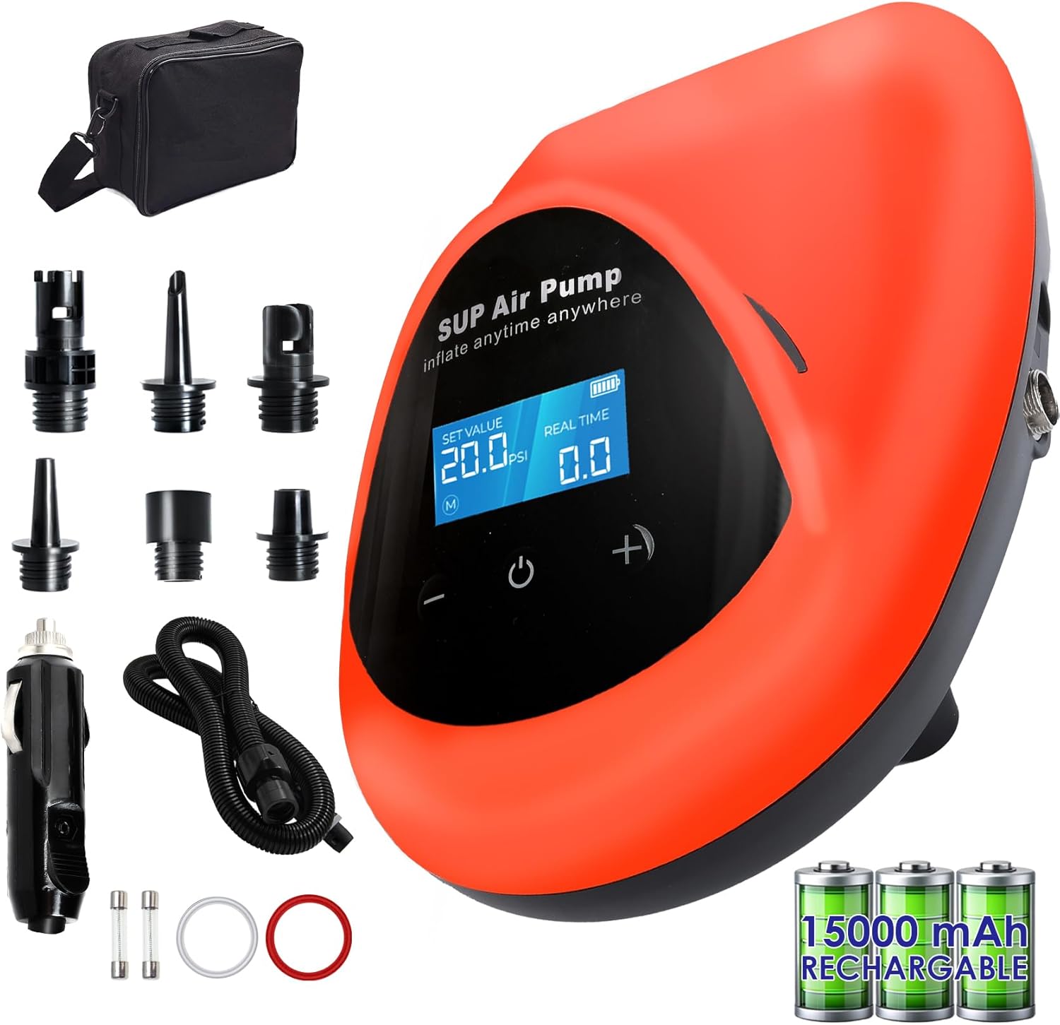 TONSIM Pompa Elettrica SUP Ricaricabile 20 PSI – Alta Pressione, Gonfiaggio e Sgonfiaggio Rapido, Batteria Integrata e Adattatore 12V DC per Auto – Perfetta per SUP, Kayak, Gommoni, Campeggio