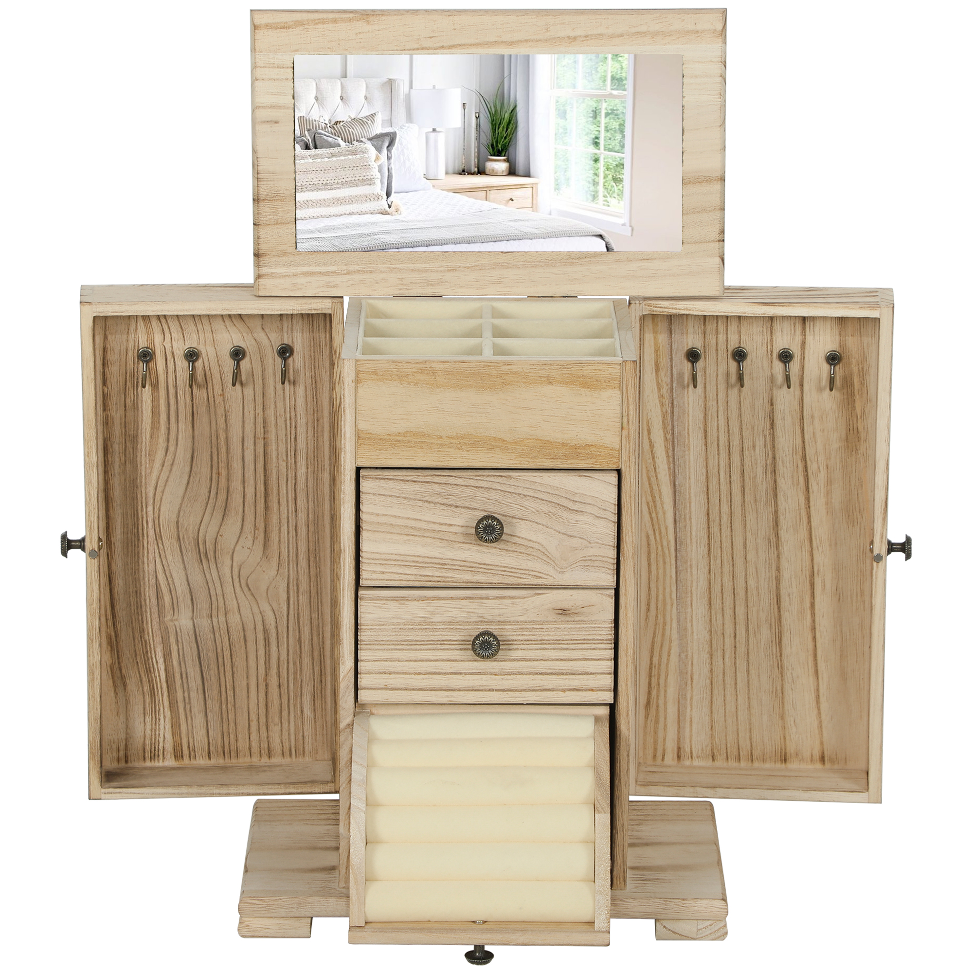 HOMCOM Schmuckbox, Schmuckschatulle, 4-stufiges Layout, integrierter Spiegel, Holz, Braun