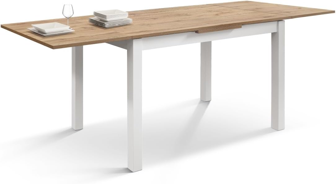 PAZZO DESIGN Tavolo Allungabile Tommaso, Rovere Rustico, Gambe Bianche, Tavolo Cucina, Tavolo Soggiorno, Made in Italy, 110x70x76,5 cm - id_1957