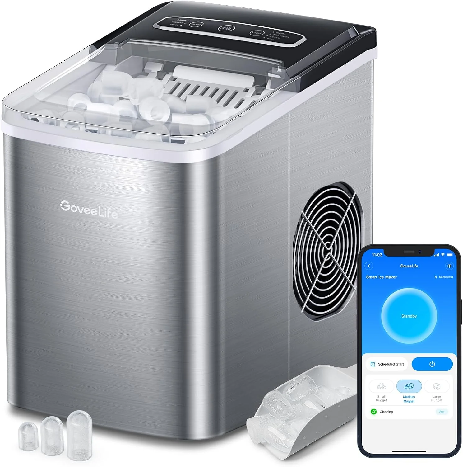 Desktop ice machine, an ice machine that can produce 26 pounds of ice per 24 hours, 6 minutes and 9 seconds, with an automatic cleaning function and controllable via an app, intelligent desktop ice machine, capable of providing two sizes of ice in th