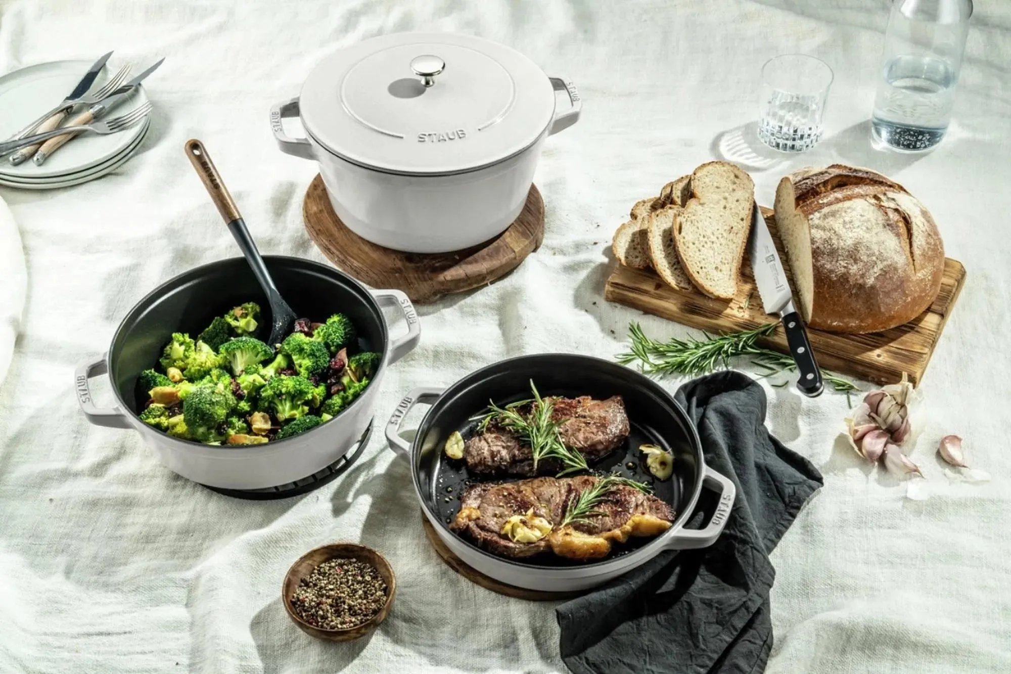 Set di 4 Cocotte, 24 cm, rotonde, Tartufo Bianco, impilabili