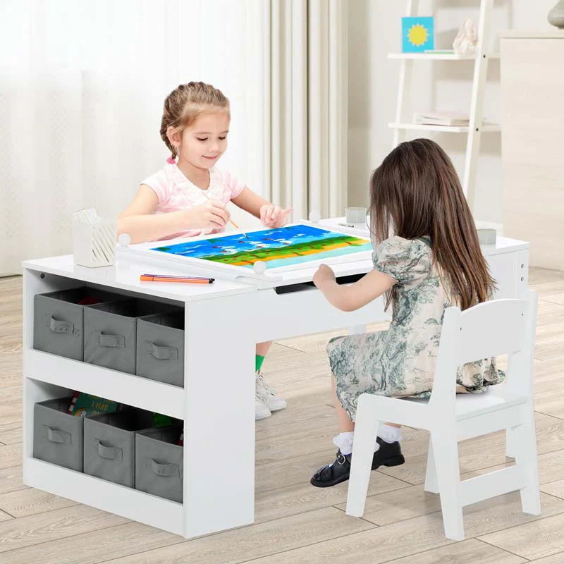 2-in-1 Kids Art Table Chair Set for Drawing Writing, Toddler Craft Play Wood Activity Desk w/2 Chairs Paper Roll Storage Canvas Bins