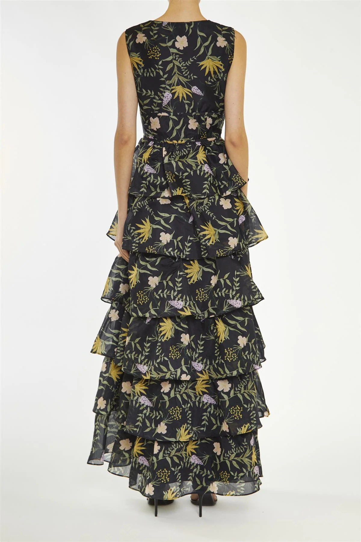 Genevieve Black-Stem Nature-Floral Tiered Maxi-Dress