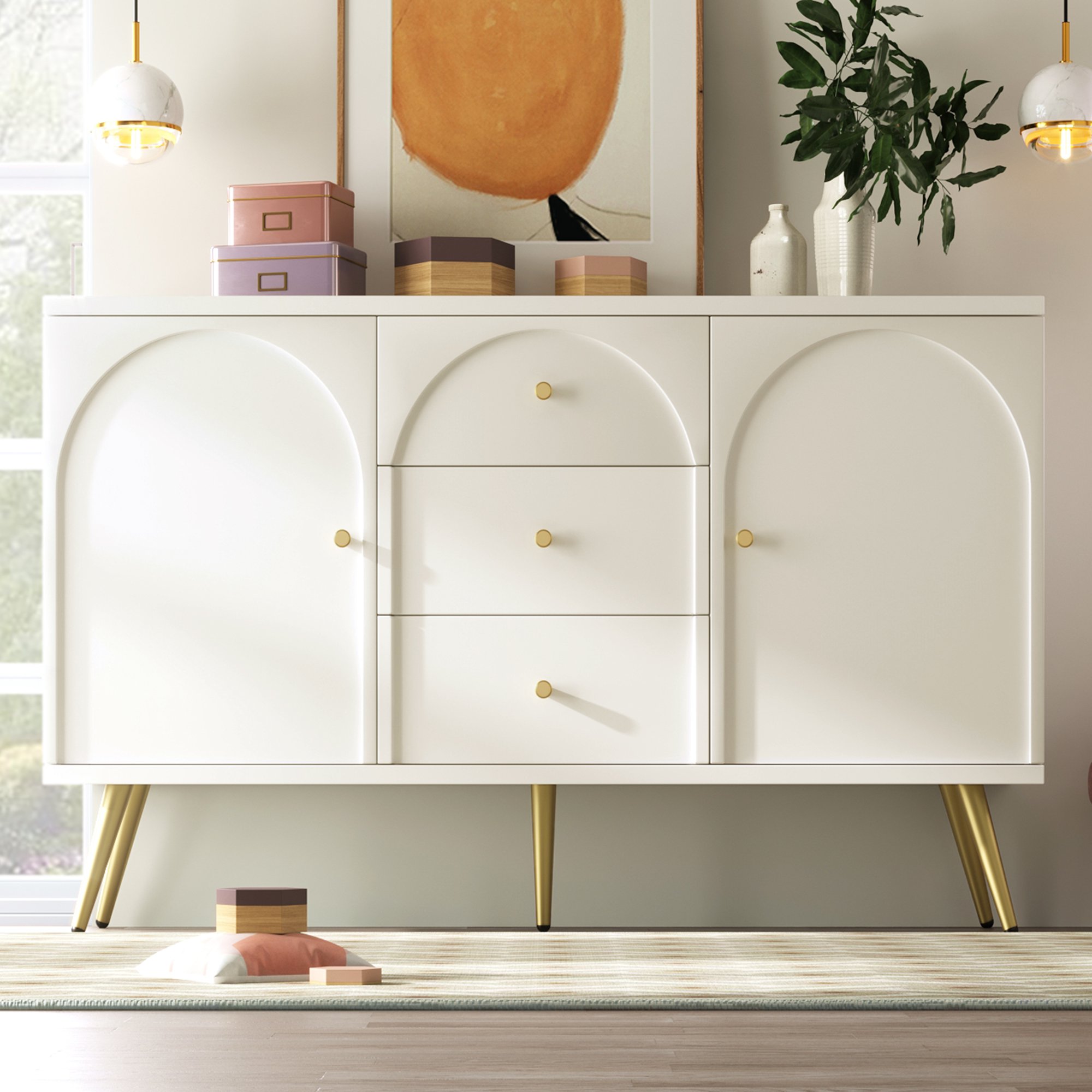 Elegante Anrichte mit 2 Türen und 3 Schubladen, Kommode für Schlafzimmer, 140x84x40 cm, Cremeweiß