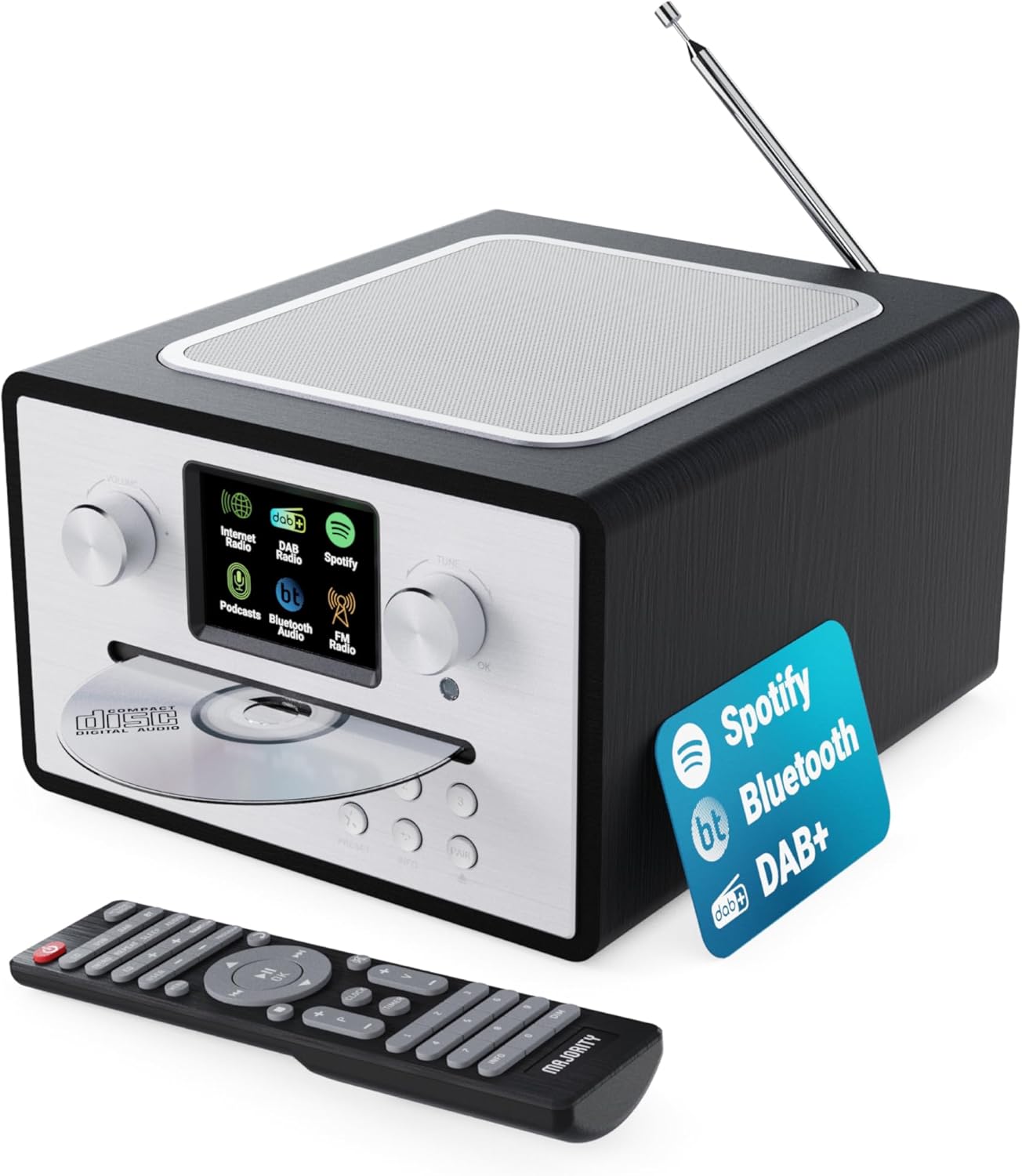 Impianto Stereo WiFi per Casa | Radio DAB+/FM/Internet, CD, Bluetooth, USB | Spotify Connect, Podcast, EQ Personalizzato, App UNDOK | Doppio Allarme, AUX, Cuffie | Majority Homerton 2 Nero