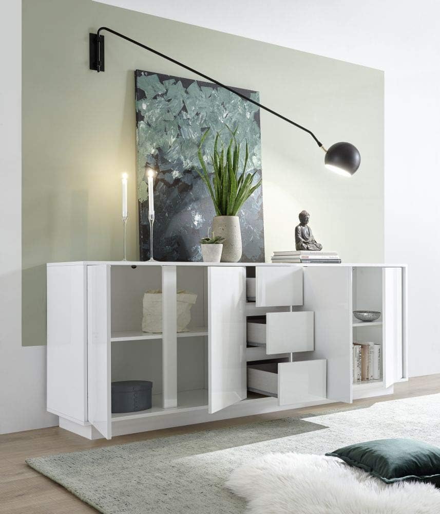 Web Convenienza Madia con 4 Ante e 3 Cassetti Made in Italy – Credenza Contenitore Collezione Ice per Soggiorno Cucina Ingresso Sala da Pranzo, Design moderno originale Bianco Laccato Lucido