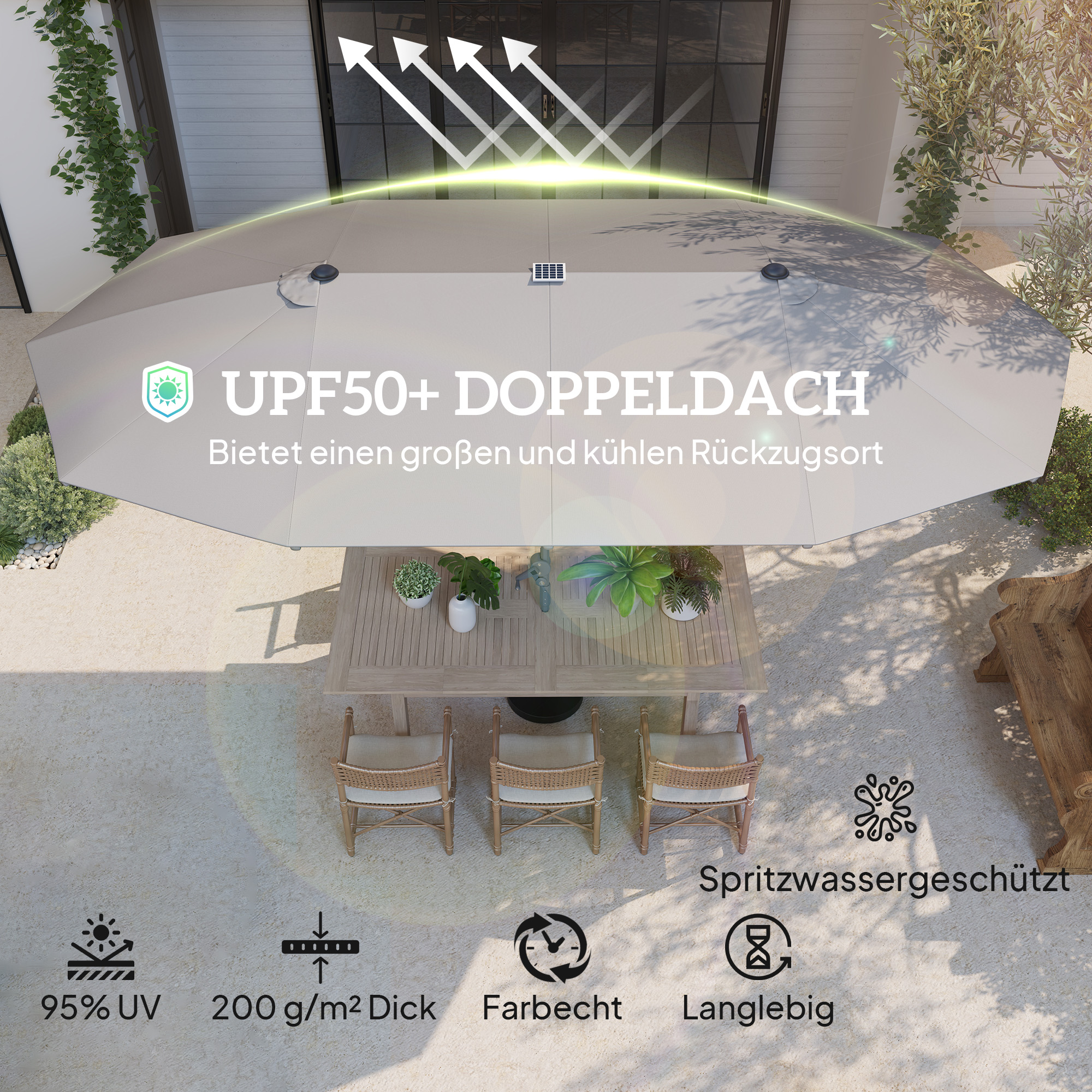 Dubbele Parasol met Zonne-energie Verlichting, Aluminium, Polyester, UPF50+ Bescherming, UV-bestendig, Terras Parasol, Donkergrijs