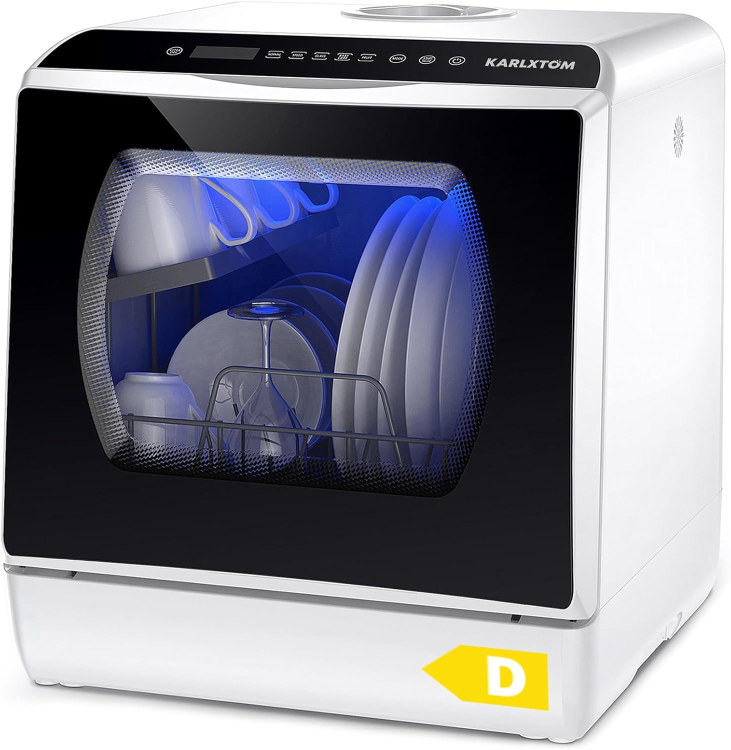Karlxtom Lavastoviglie portatile, Lavastoviglie Piccola da Appoggio con Doppia Modalità di Alimentazione Dell'acqua, Lavaggio a 360°, 6 Programmi, Controllo touch, Display a LED, Bianca