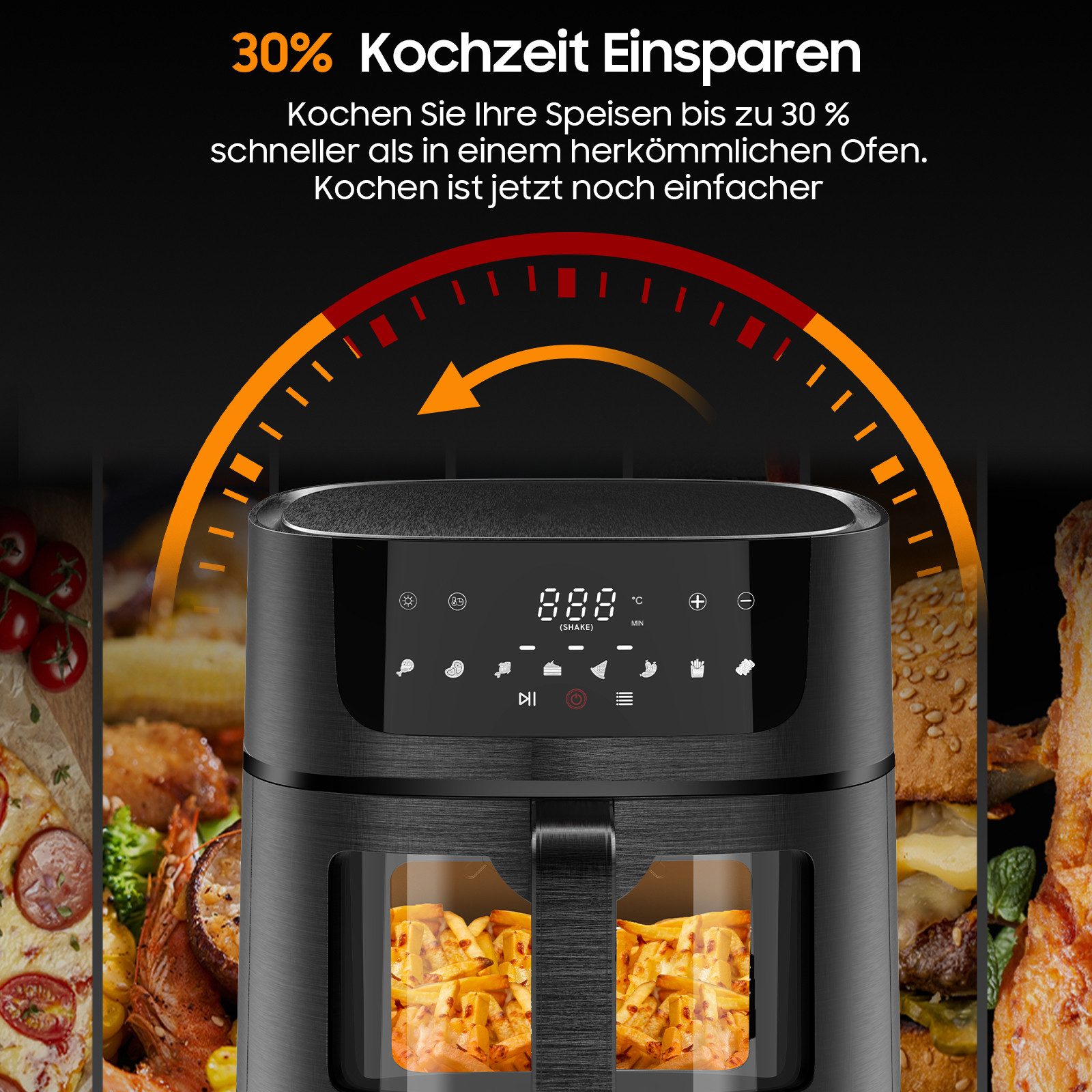 Heißluftfritteuse XXL 9L mit Sichtfenster, Airfeyer mit 8 Programmen, einstellbarer Zeit und Temperatur, spülmaschinengeeignet