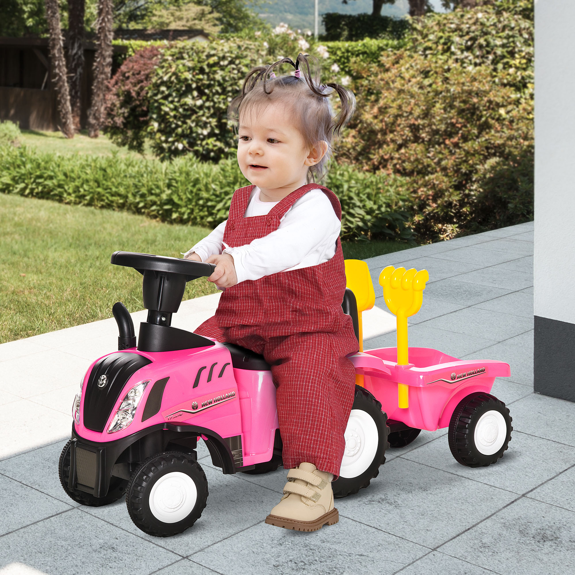 HOMCOM Rutschtraktor für Kinder mit Anhänger, Rechen und Schaufel, Pädagogisches Spielzeug für Kinder von 12-36 Monaten, 91x29x44cm, Rosa