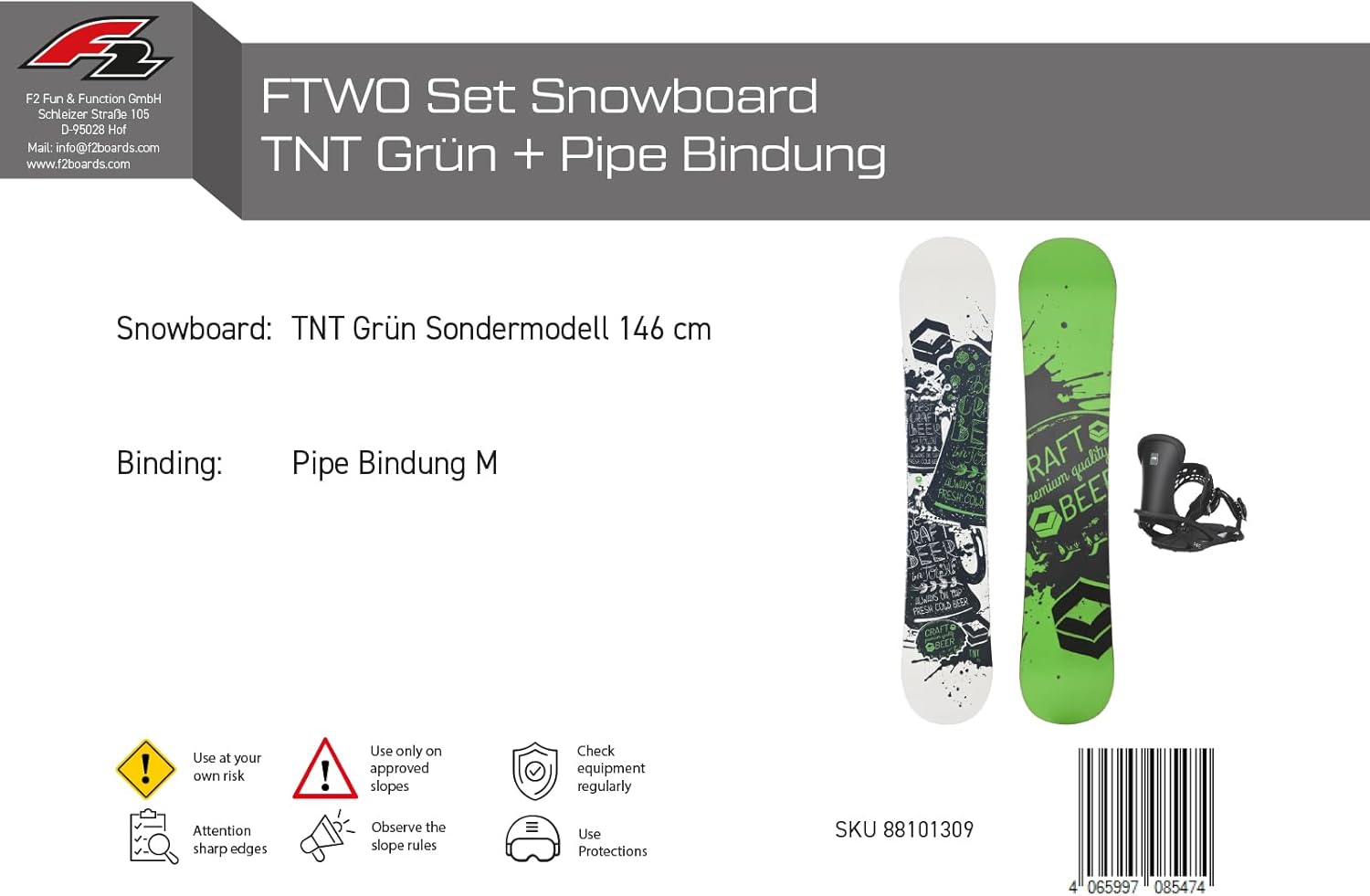 FTWO Set Snowboard TNT Grün 146cm mit Pipe Bindung M Sale