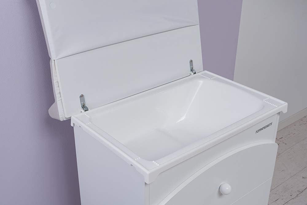 Foppapedretti Bagnetto Fasciatoio IlBagnetto, Legno, Made in Italy, 3 Cassetti, Piano Fasciatoio Ribaltabile, Vaschetta Anatomica Estraibile, 4 ruote, Materissani Incluso, 89x46x69 cm, Bianco