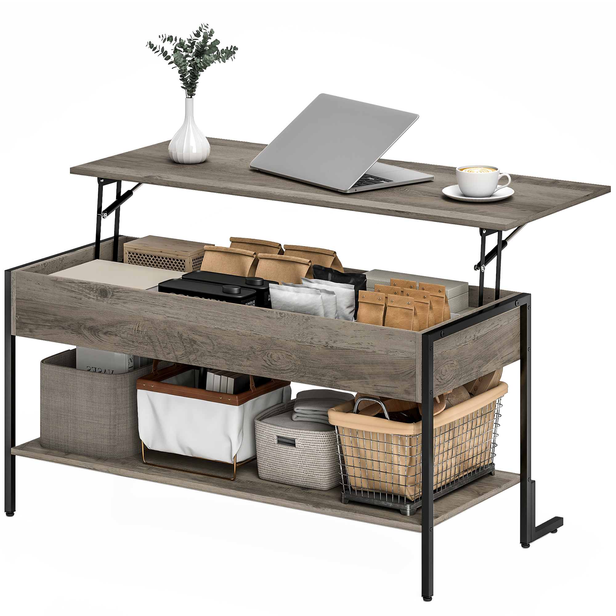 HOMCOM Couchtisch mit höhenverstellbarer Platte, Wohnzimmertisch mit verstecktem Fach und offenem Regal, 95x40x59cm, grau