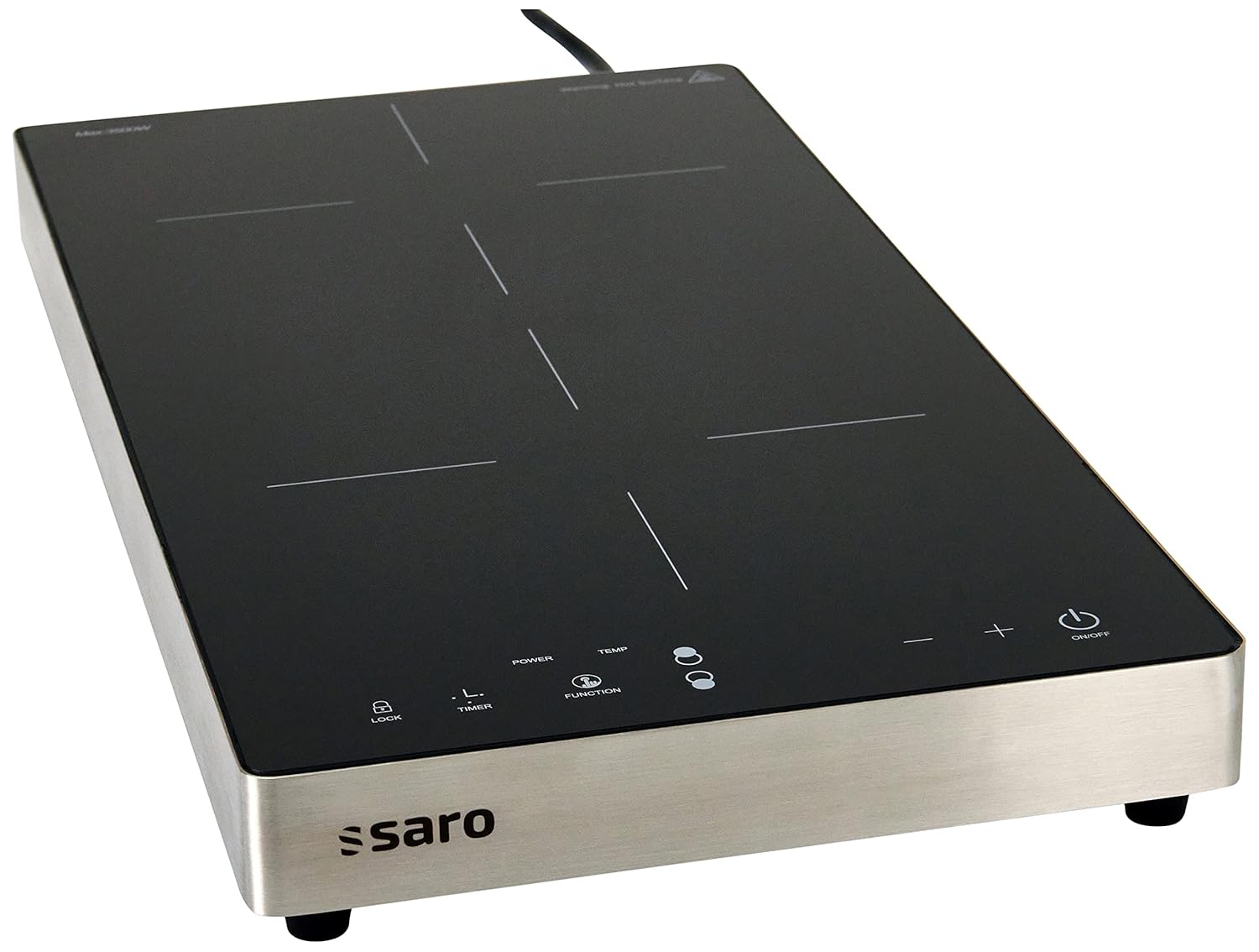 SARO DENISE - Piano cottura a induzione a 2 zone di cottura, in acciaio inox/vetro, con 8 livelli di calore, touch screen, display a LED, timer, per pentole da 26 cm di diametro, 3,5 kW