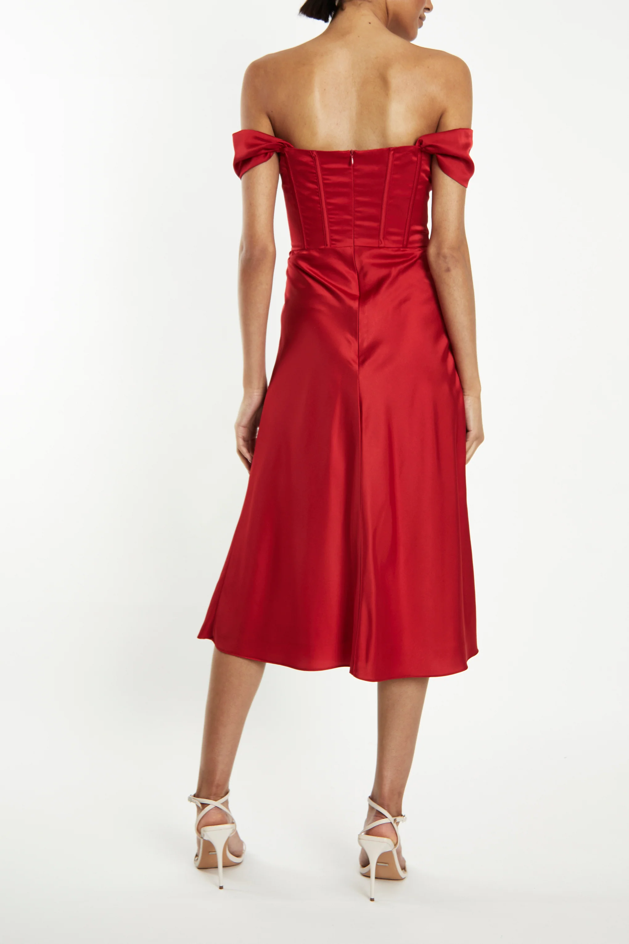 Agatha Cherry-Red Satin Corset Midi Slip Dress