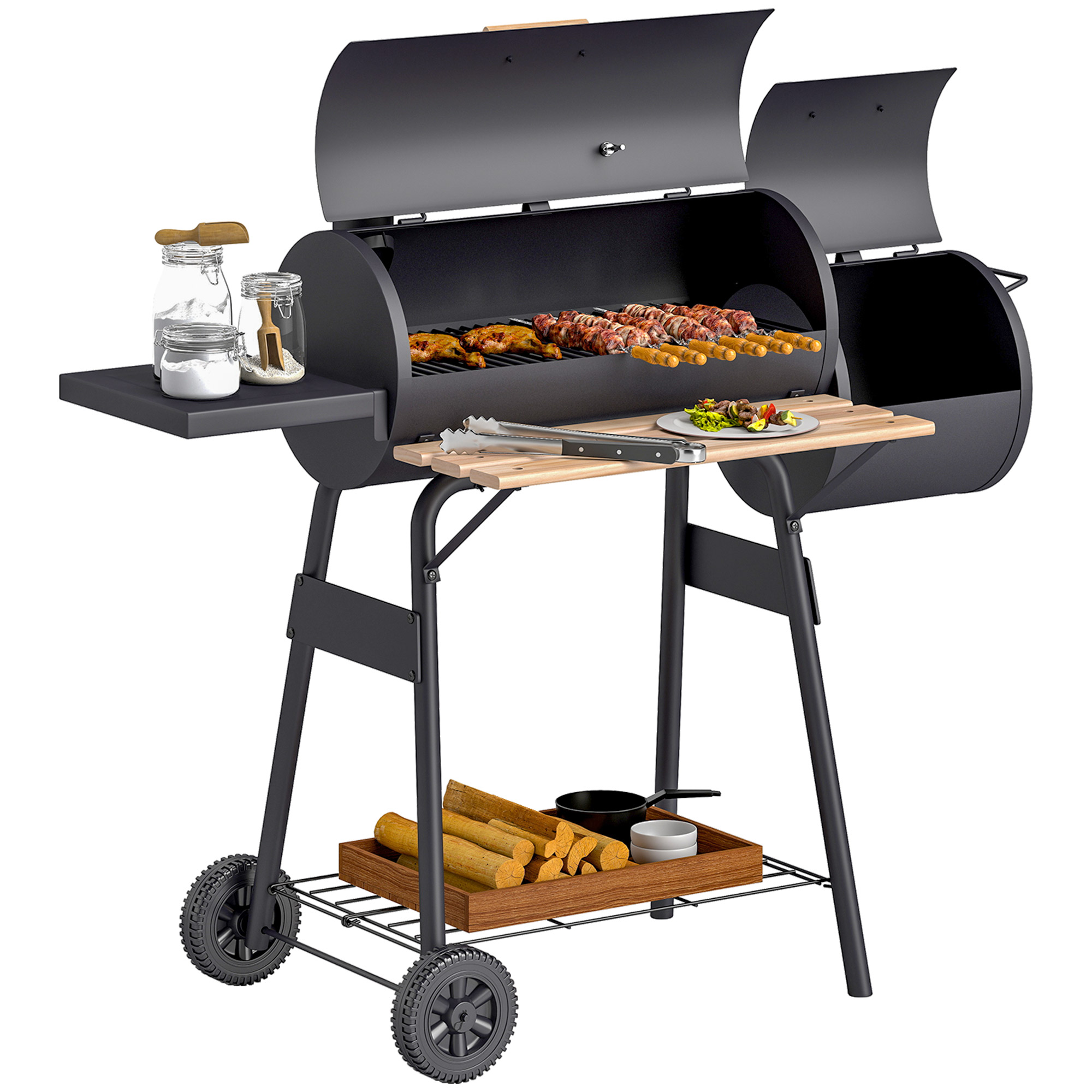 Outsunny Smoker Grill BBQ Holzkohlengrill Grillwagen Multifunktion mit 2 x Brennkammer Schornstein Metall + Tannenholz Schwarz 124 x 53 x 104 cm