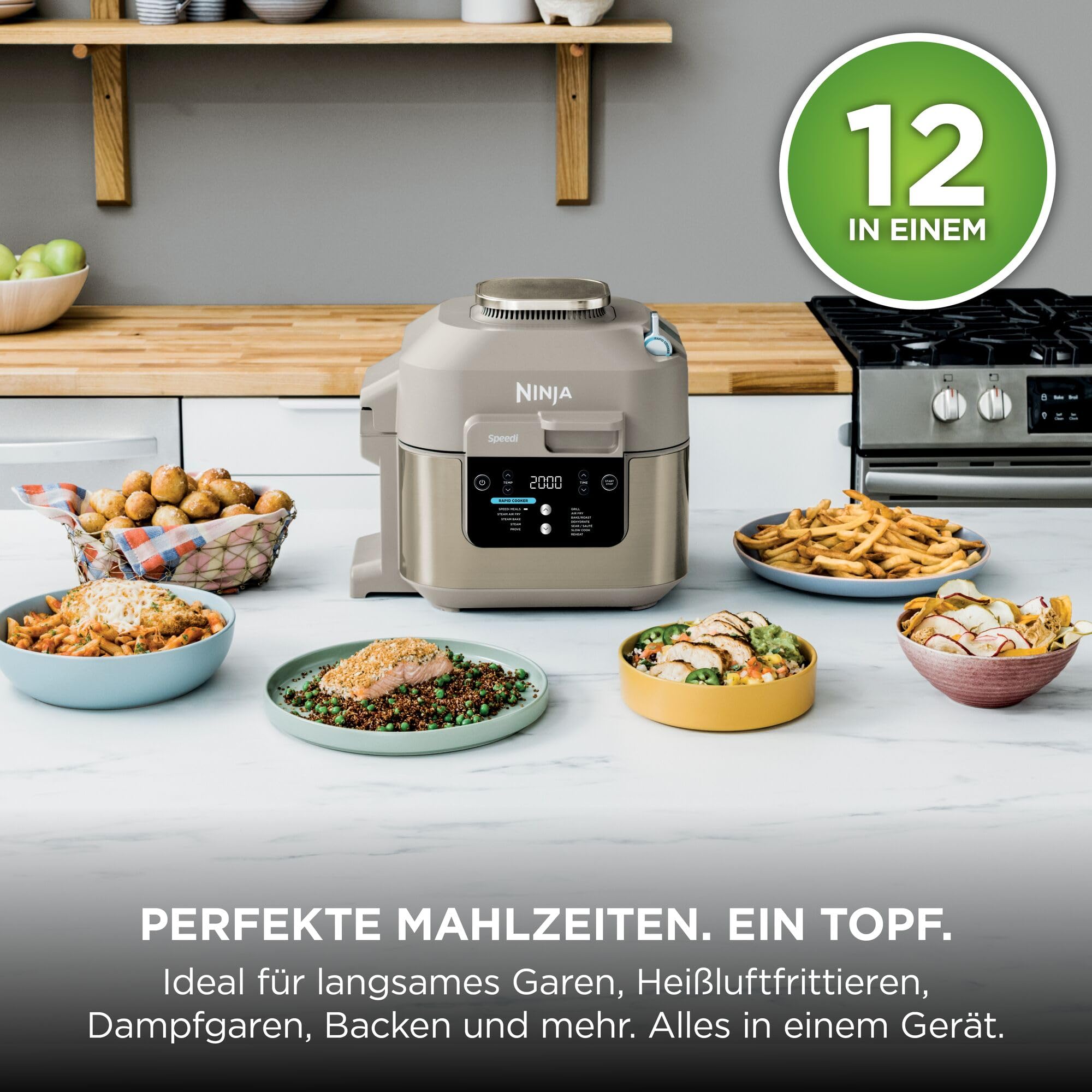 Multikocher und Heißluftfritteuse 5,7 l 12-in-1 mit Dampfgarfunktion Heißluft-Frittieren Backen Grillen Stone Gold