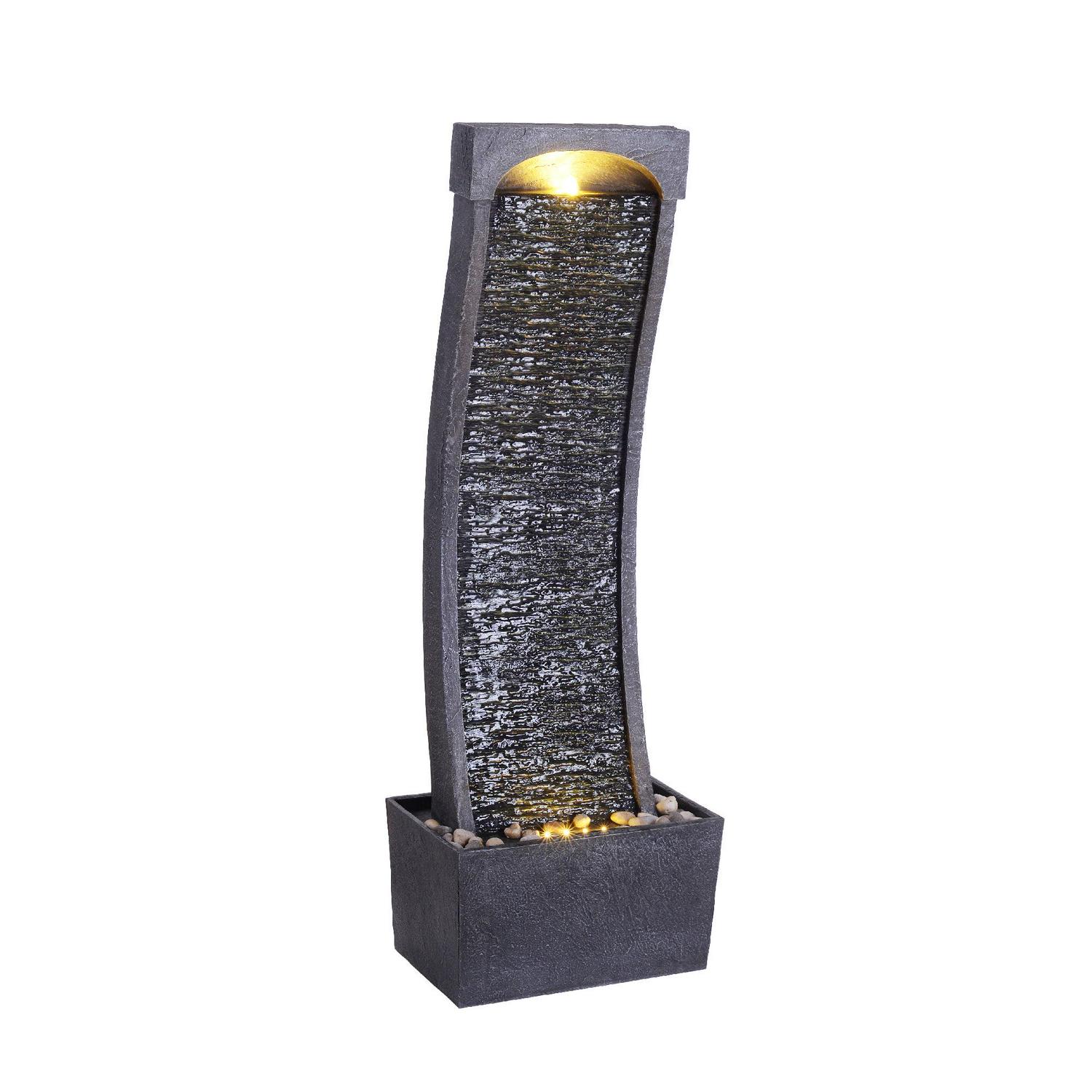 Teamson Home Modern Curved Slate Waterfall Fountain with LED Lights, Indoor/Outdoor, Black/Stone Grey