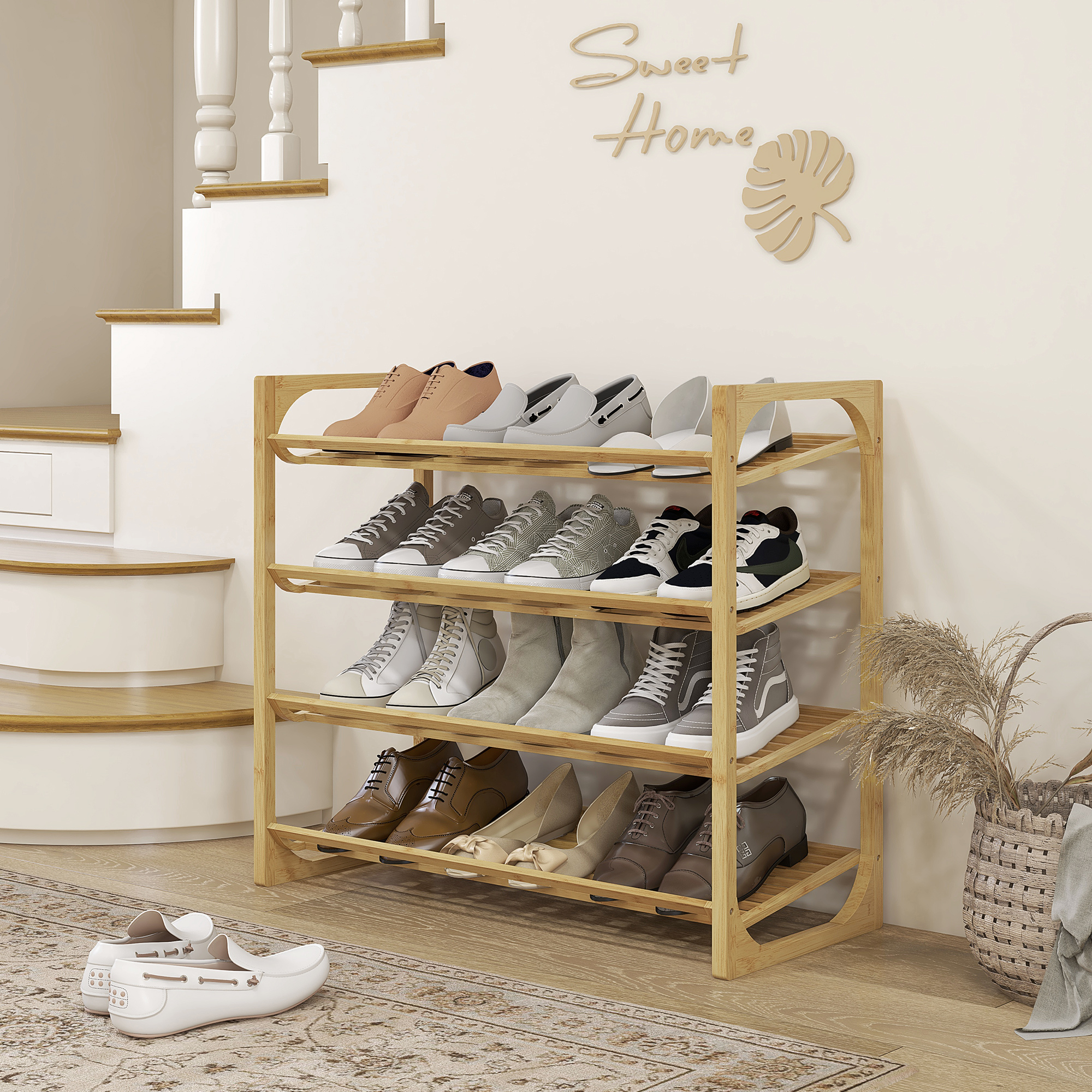 HOMCOM Schuhregal aus Bambus, 15,5 cm Regalhöhe, belüftetes Latten-Design, 76 x 33 x 67 cm, Naturholz-Effekt