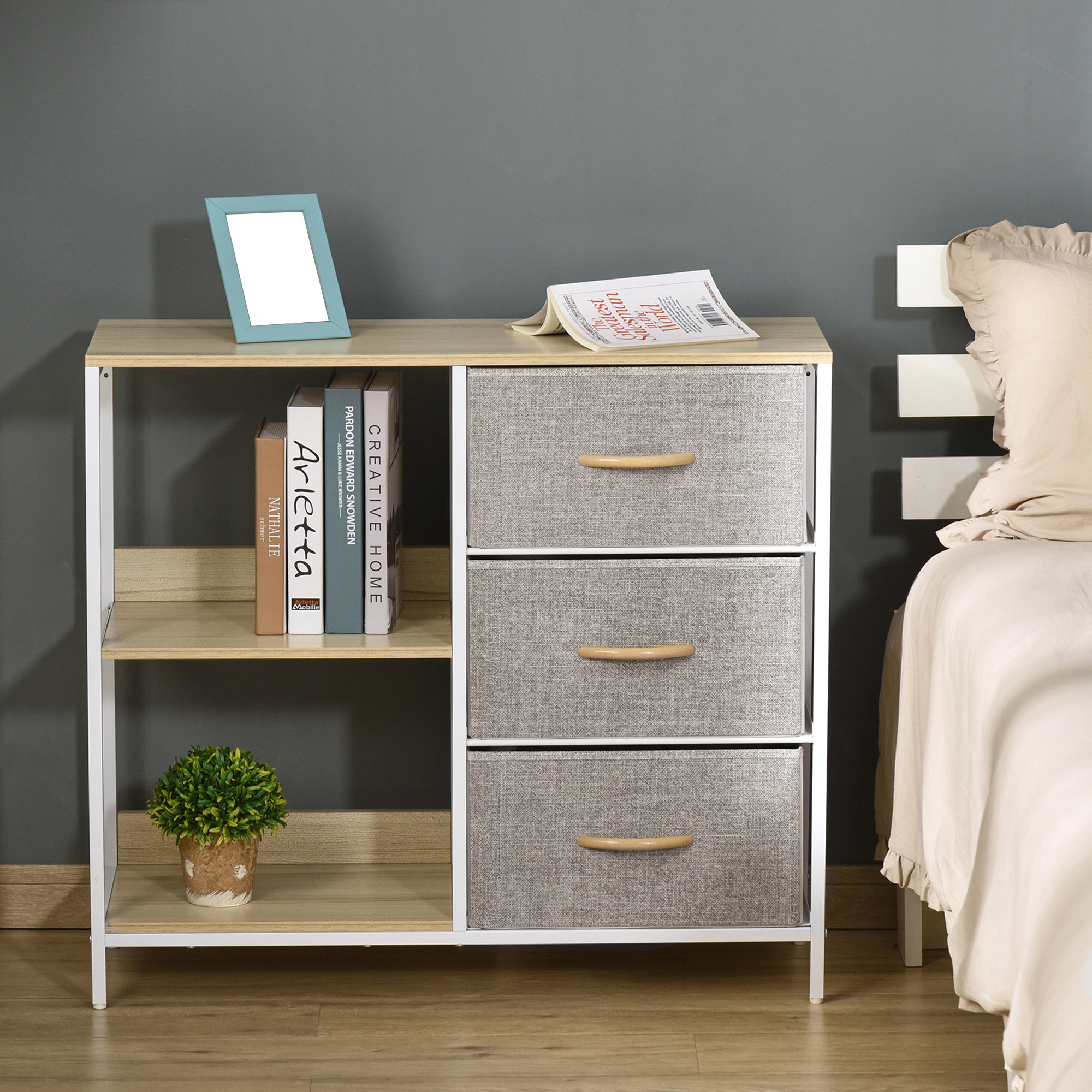 HOMCOM Kommode mit 3 herausnehmbaren Schubladen aus Stoff, 2 Regalen und 1 großem Tisch 80 x 29 x 71 cm beige