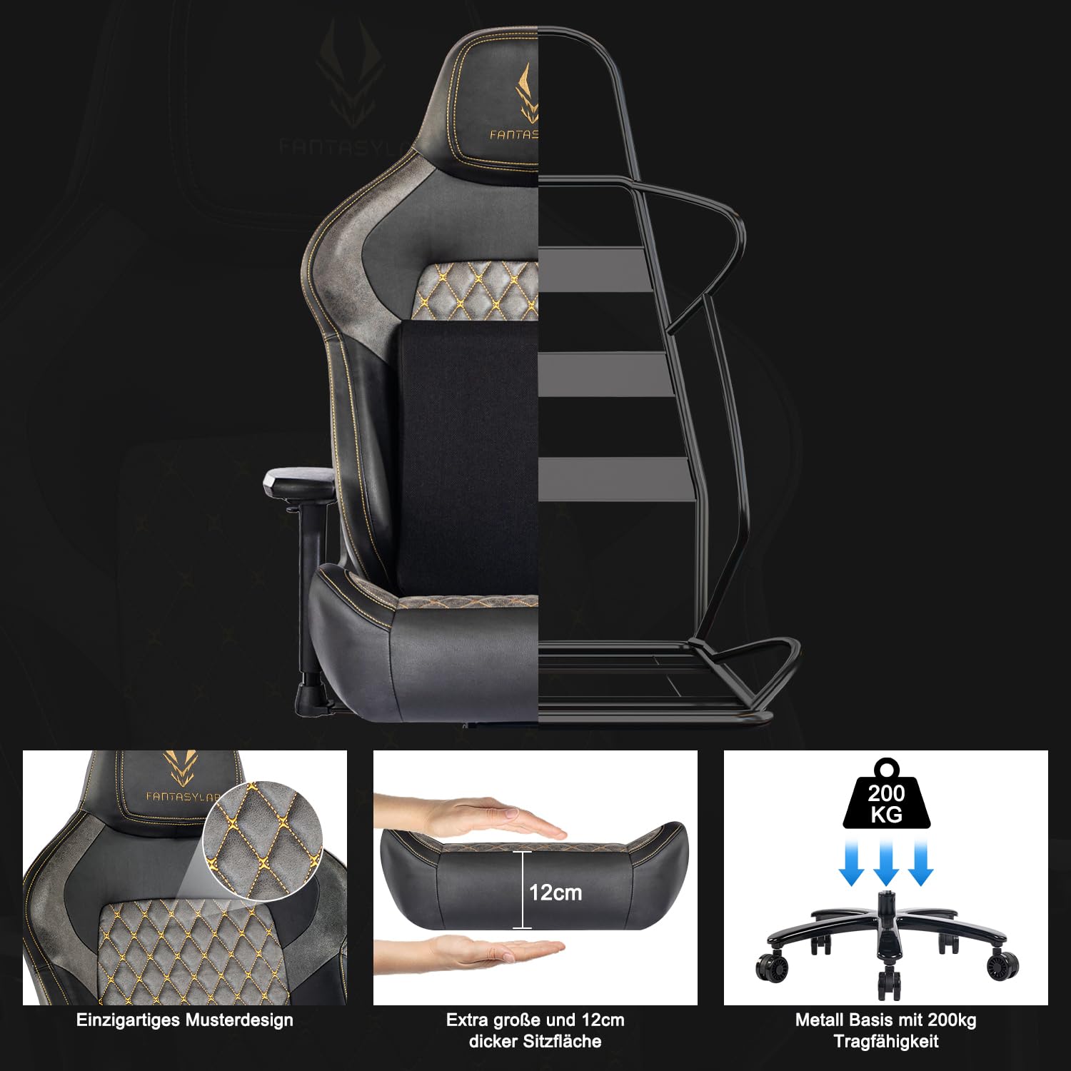 Gaming Stuhl bis 200 kg mit 4D-Armlehne und Lendenwirbelstütze, ergonomischer Bürostuhl in Grau