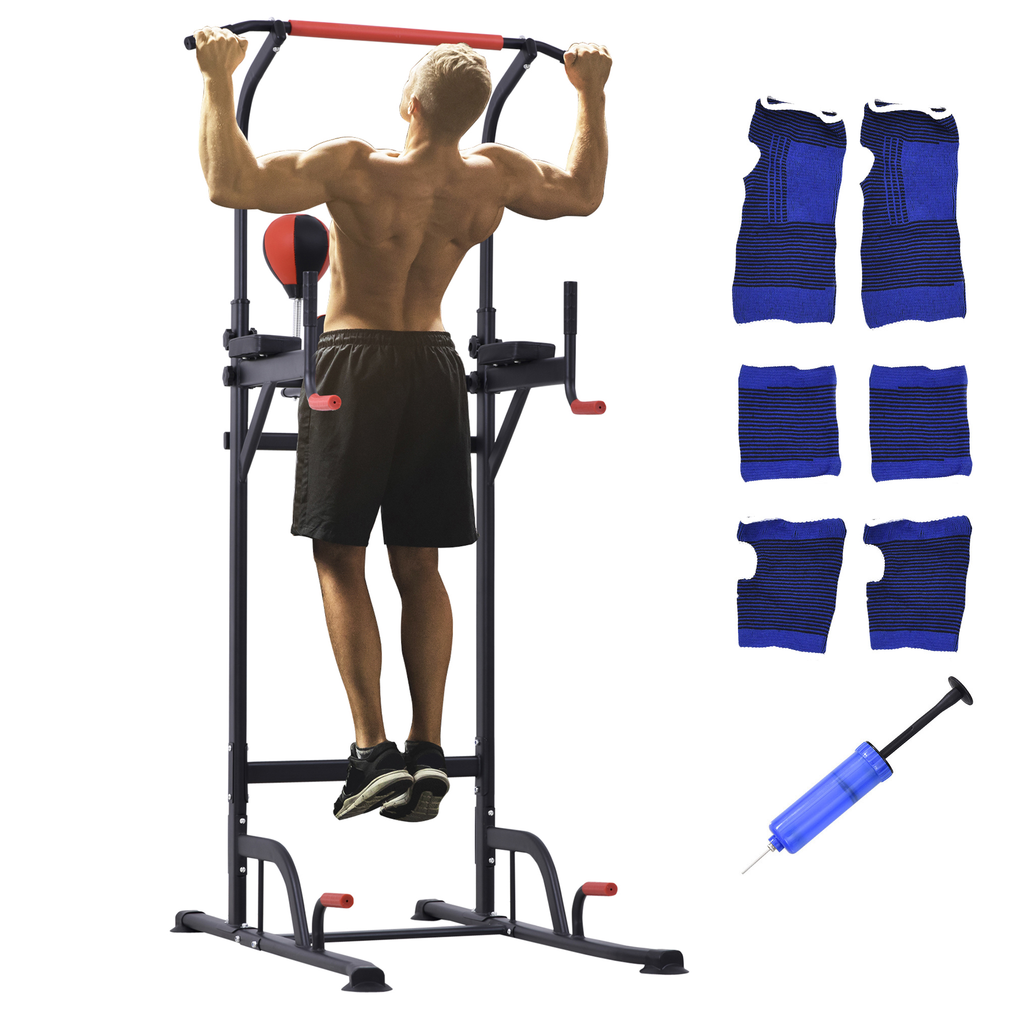 HOMCOM Klimmzugstation Multifunktionales Muskeltraining Punching Ball Roman Chair mit höhenverstellbarem Stahl Schwarz Rot
