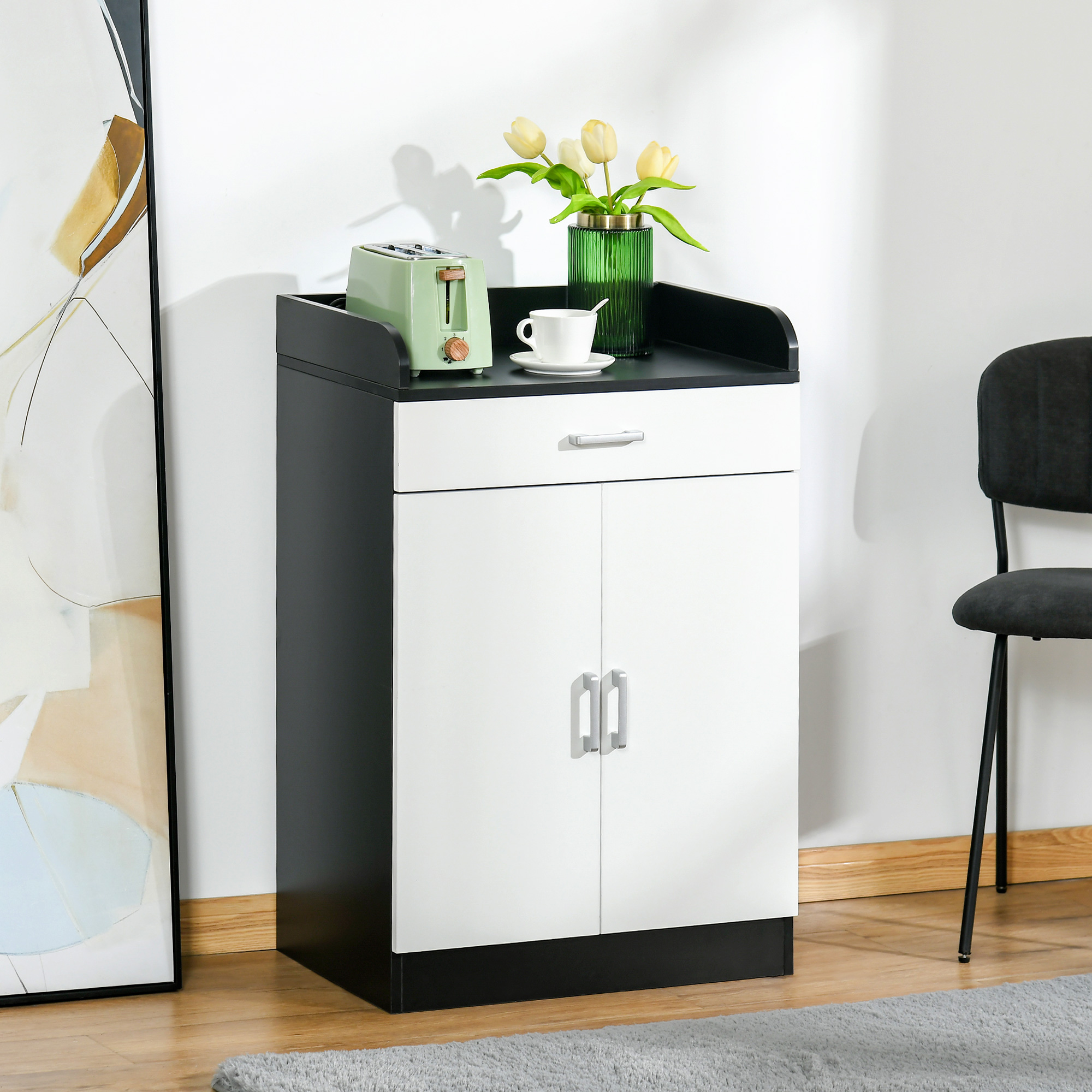 HOMCOM Mobiler Schrank aus Holz mit verstellbarem Regal, platzsparender Küchenschrank, Wohnzimmer und Diele, aus MDF-Holz, 60x40x90cm, Weiß und Schwarz