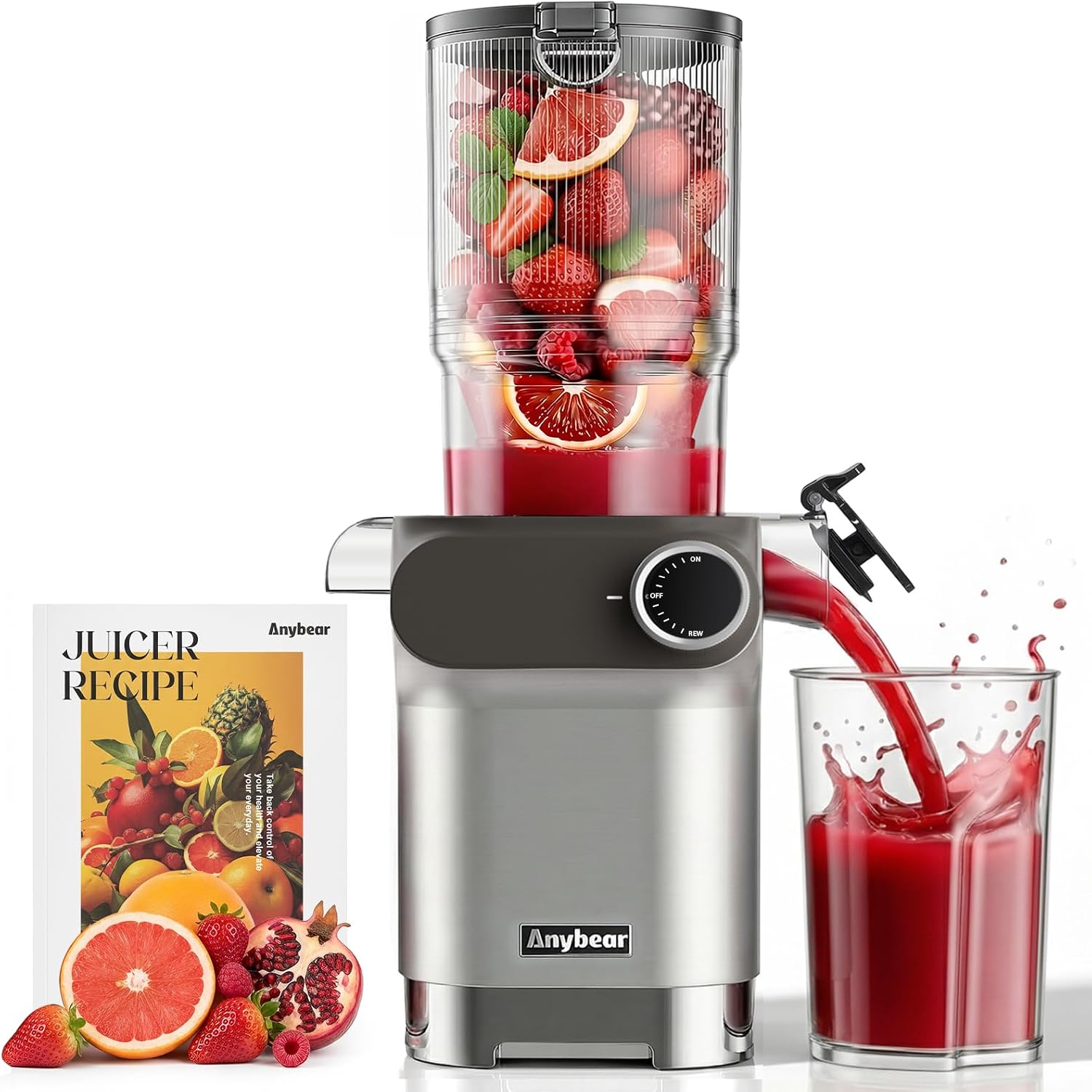 Anybear Estrattore di succo, 200 W, Slow Juicer, spremiagrumi a freddo con grande foro di riempimento da 110 mm per frutta e verdura intere, lumaca migliorata, materiale Tritan, senza BPA, con ricette