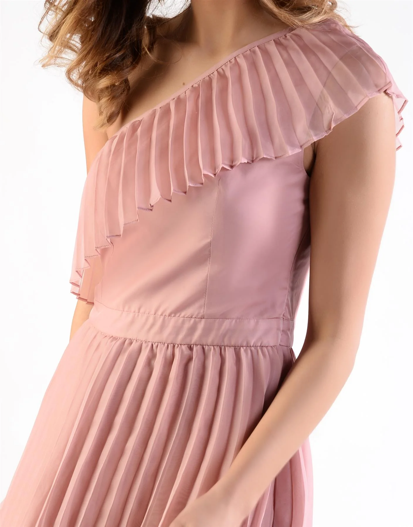 Nia Dusty Pink Pleated Tiered One-Shoulder Midi Dress