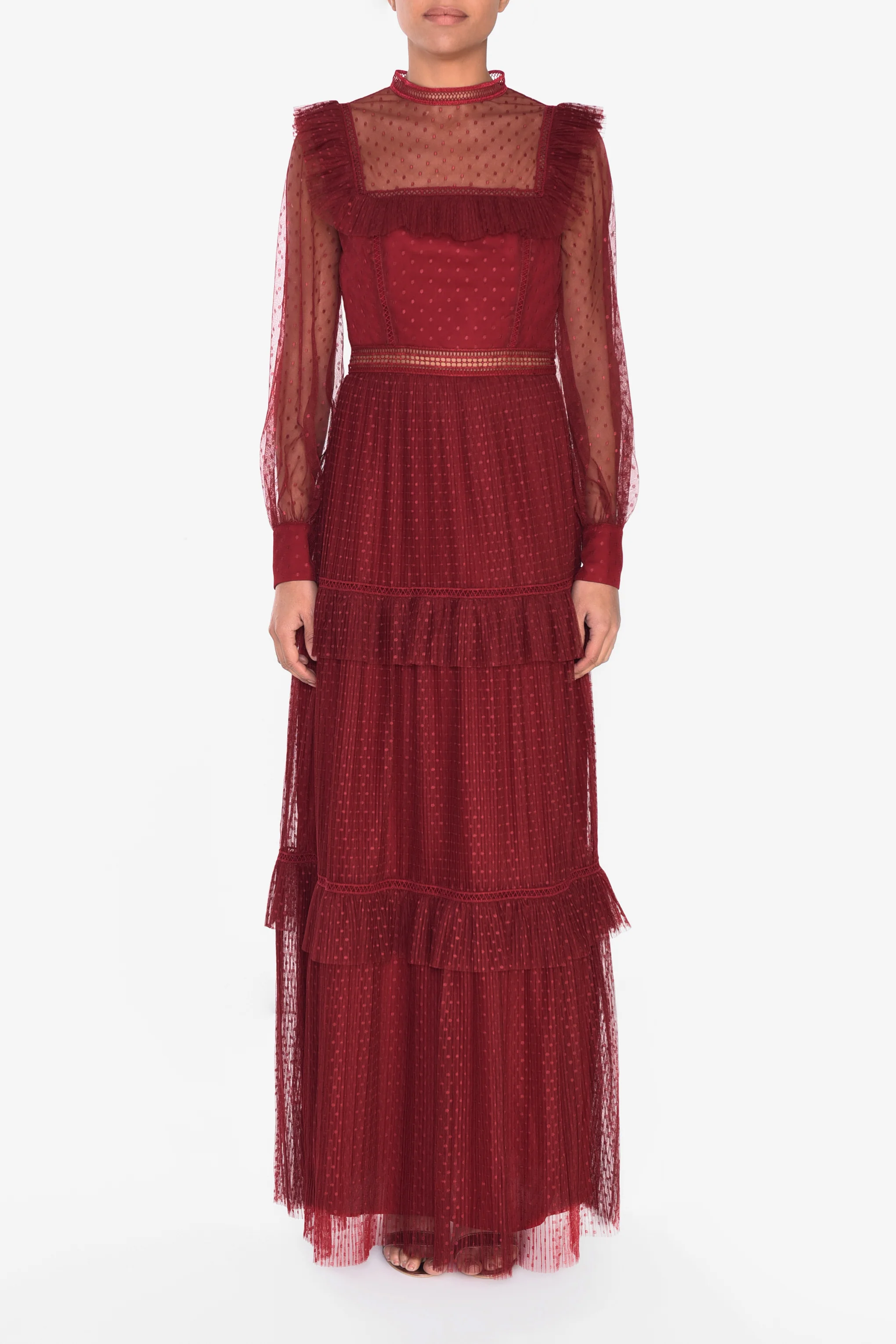 Burgundy Polka Dot Mesh High Neck Long Sleeve Layered Maxi Dress