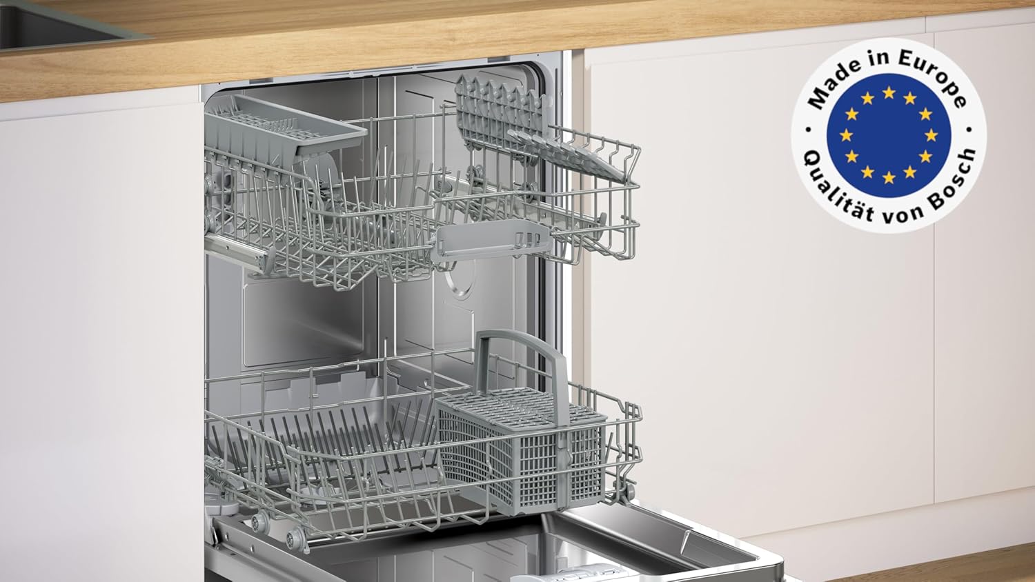 Bosch SMU4ETS08E, Serie 4, Smarter Unterbau-Geschirrspüler 60 cm, Besteckkorb, Spülmaschine mit Programmassistent, besonders Leise, höhenverstellbarer Oberkorb, Automatische Türöffnung, Edelstahl