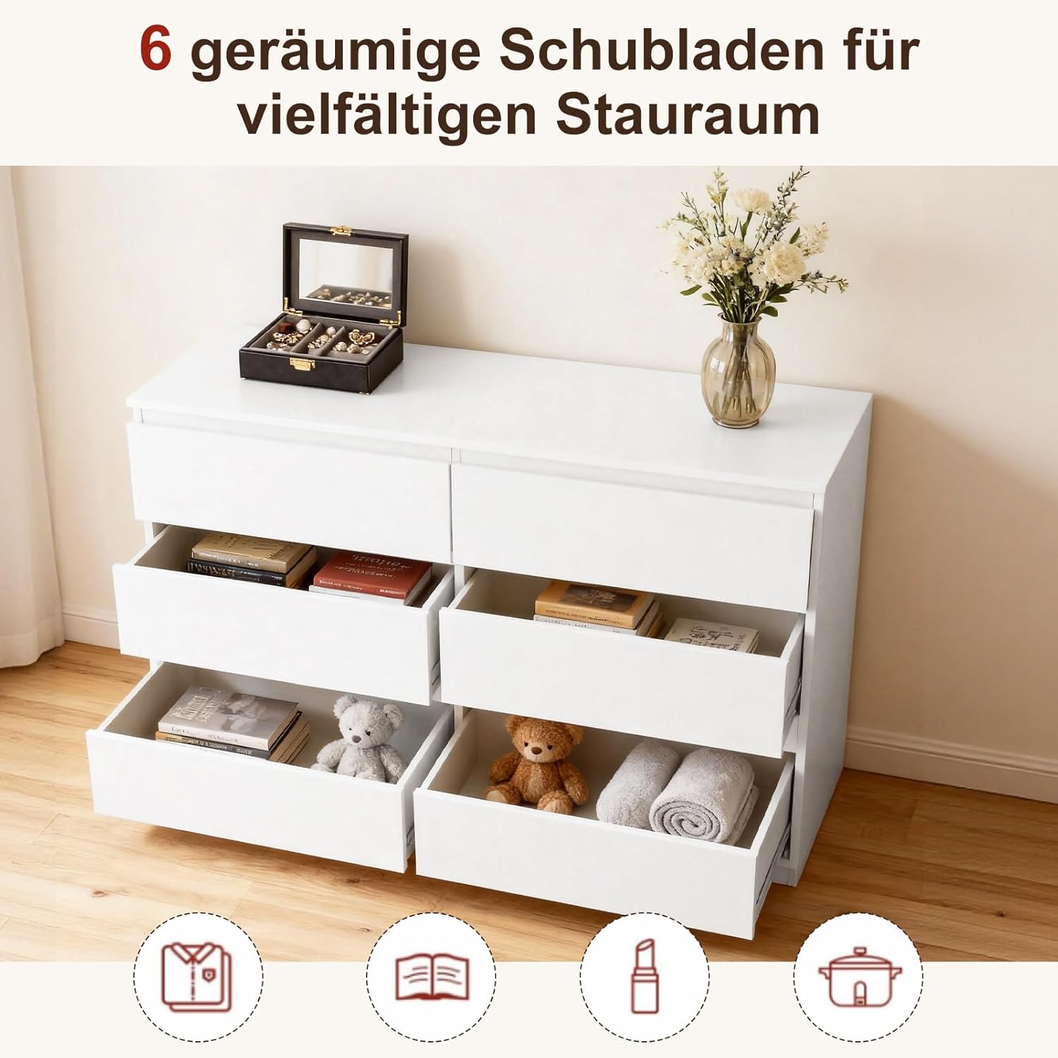 Sweetcrispy Kommode, Weißes Sideboard mit 6 Schubladen, 120×30×75cm, Viel Stauraum für Wohnzimmer, Flur & Schlafzimmer, Moderner Kommodenschrank