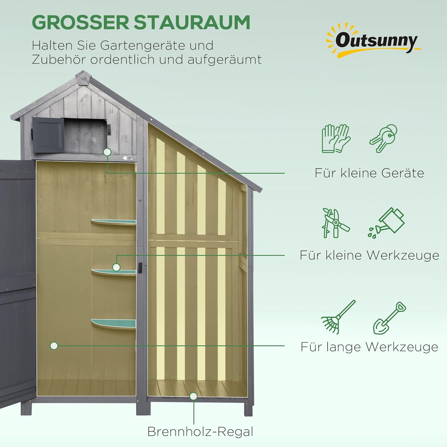 Outsunny Gartenschrank Holz Geräteschrank Gartenhaus mit Giebeldach Holzhütte Geräteschuppen 129 x 51,5 x 180 cm Grau+Schwarz